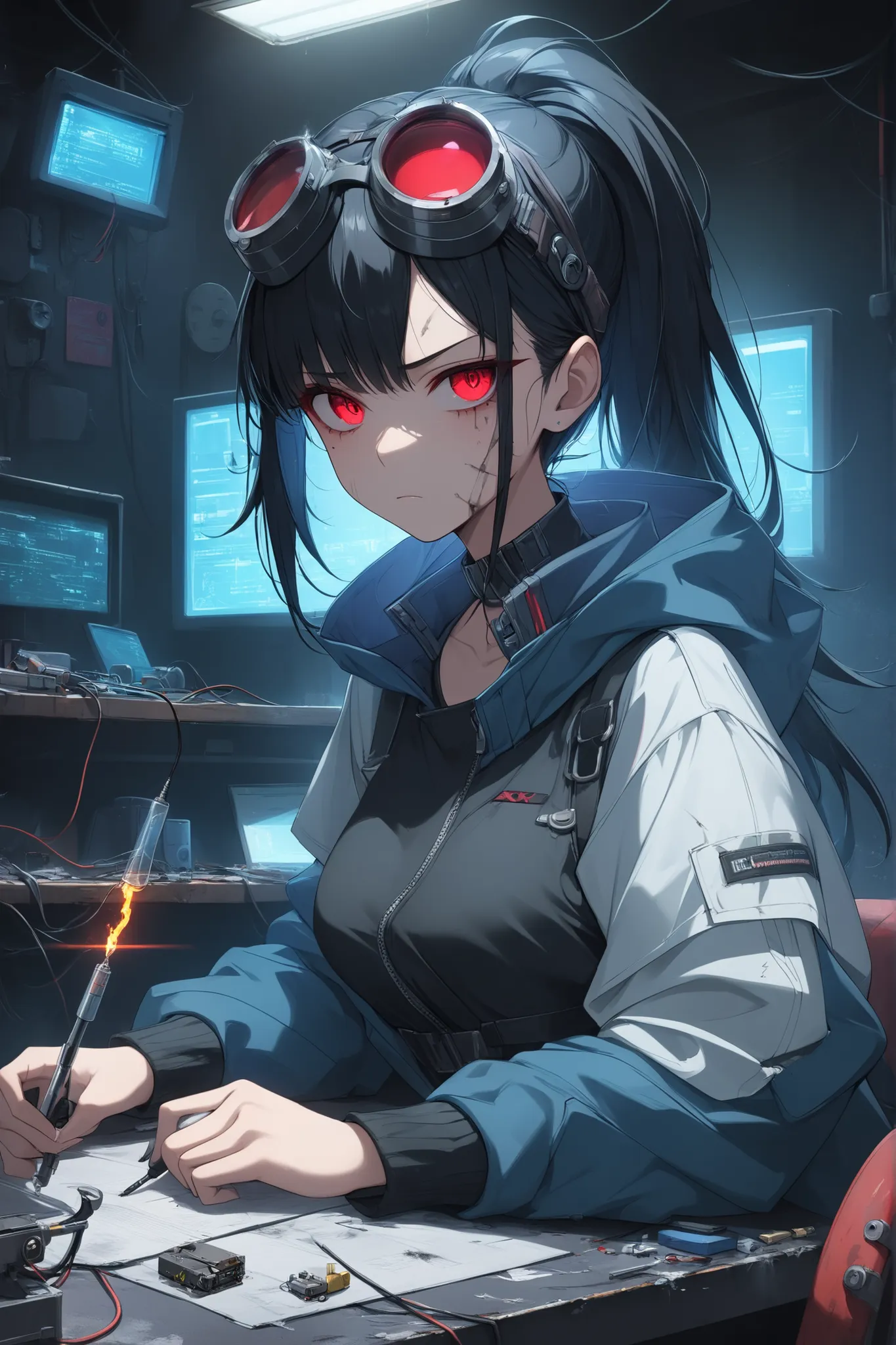 ((masterpiece)), ((RAW 4K)), ((anime-real fusion)), ((extreme detail)), ((extreme cloth detail)), ((extreme eye detail)), ((beautiful face)), ((extreme face detail)),
Cyberpunk female engineer, black hair tied in ponytail, red eyes, wearing round engineer ...