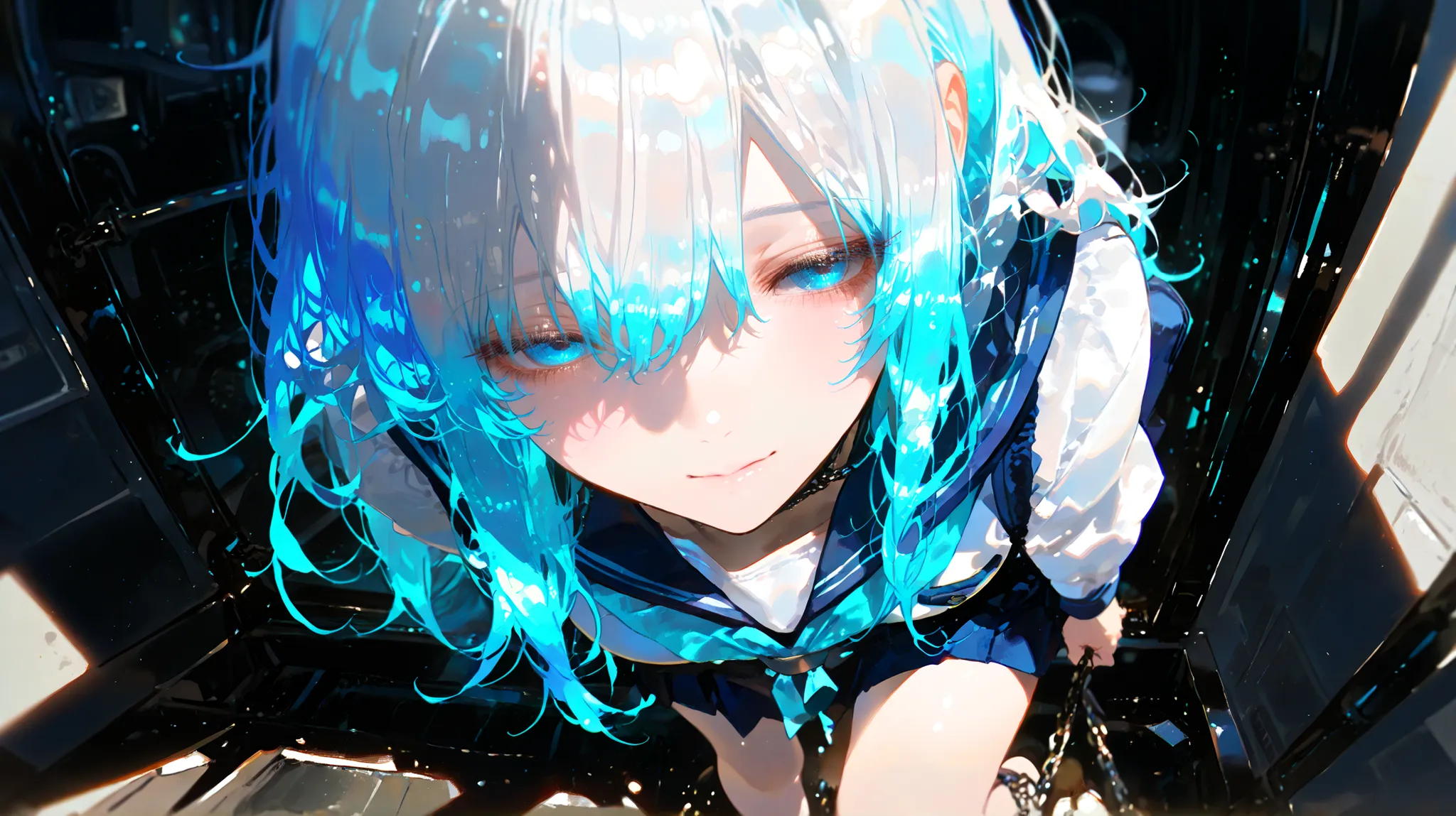1girl, walking in a dark corridor, chains fading into mist around her ankles, melancholic expression, white hair, multicolor hair, school uniform, dim light from above, monochrome color scheme, detailed shadows, emotional atmosphere, Depth of field, 748cms...