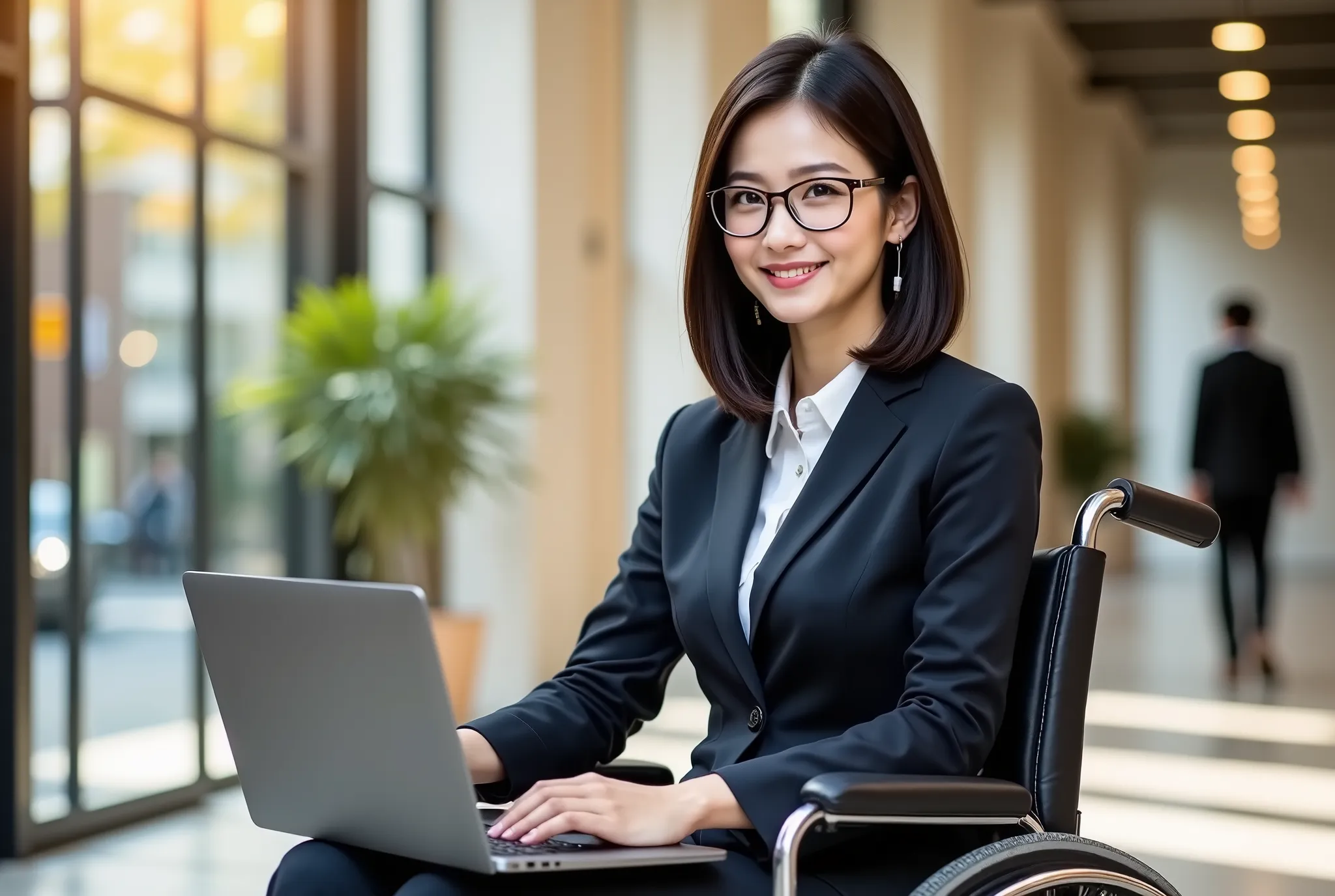 Super Detail、 extremely realistic 、8k、 A powerful businesswoman is sitting in an elegant wheelchair , She is surrounded by a professional, modern environment . She is wearing a perfect suit and high heels , Confidence and determination shines on her face...