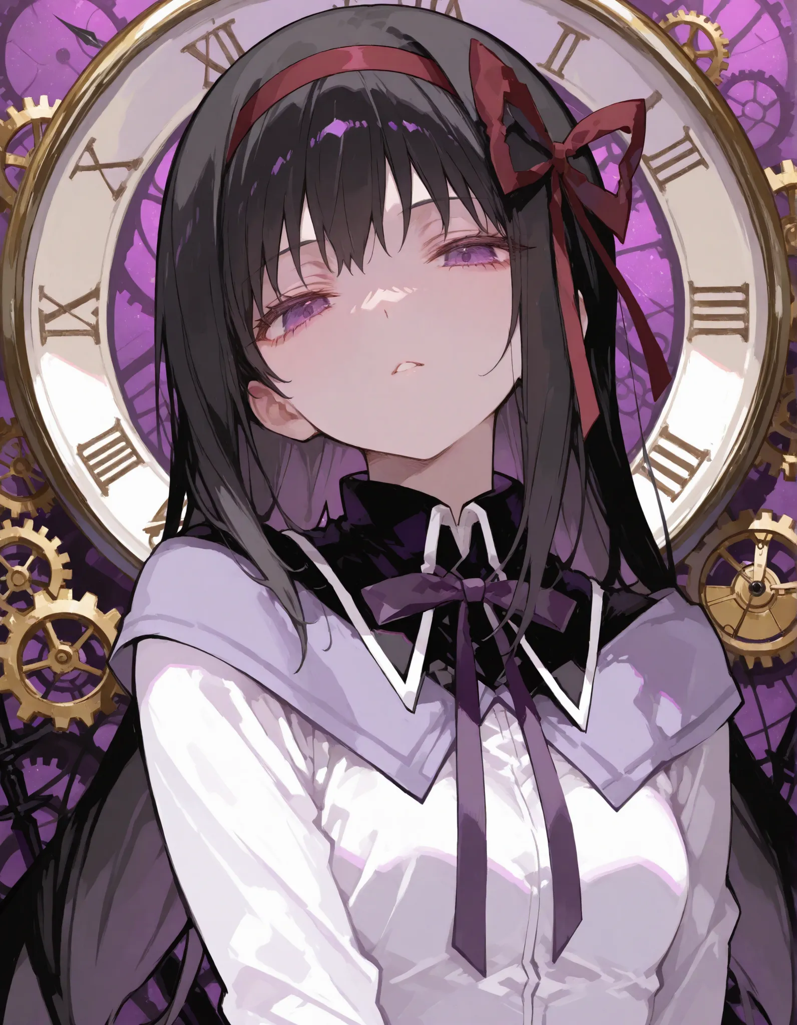 masterpiece, Akemi Homura, cool expression, purple light around her, lots of gears and clocks background