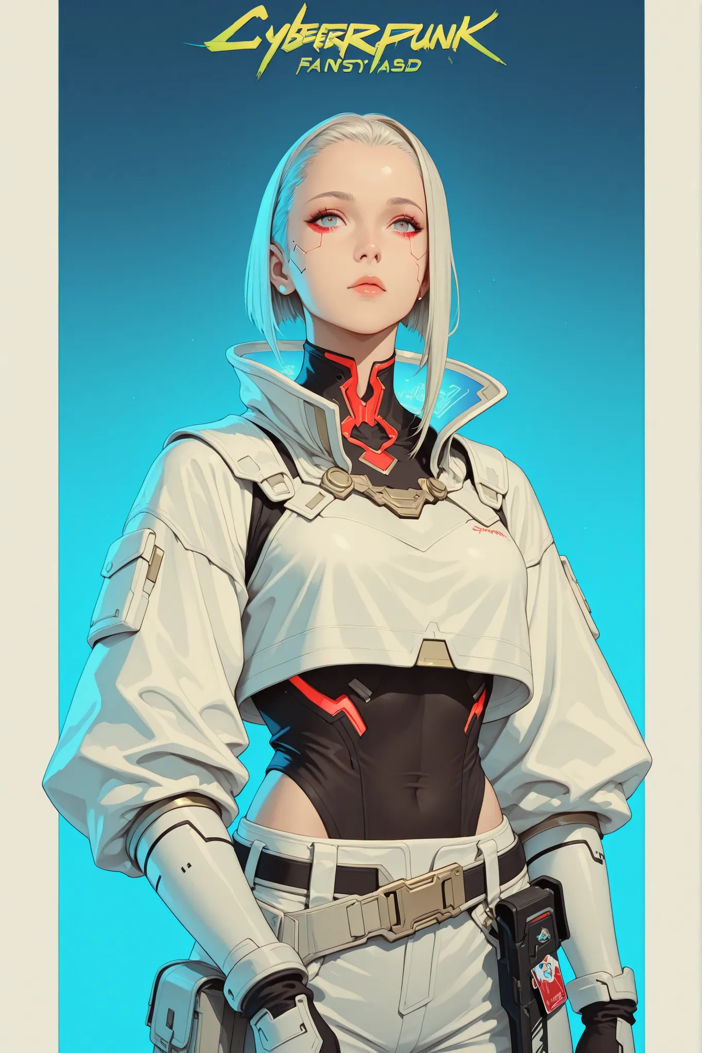 A beautiful white card game card (((with cyberpunk fantasy edges))), with a beautiful warrior printed in the Final Fantasy aesthetic and style.