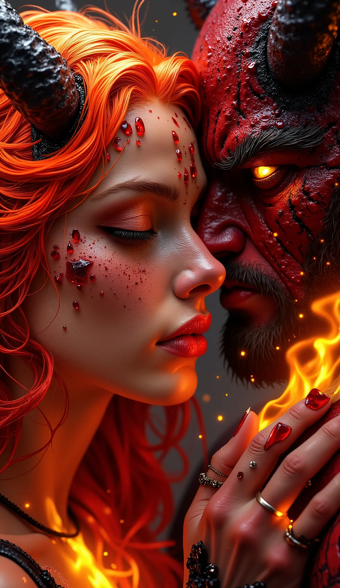 A hyper-realistic, high detail close-up of two demonic lovers entwined in a passionate embrace. The female demon has glowing red skin, blazing orange hair like living fire, golden eyeshadow, seductive lips slightly parted, and curved horns lit from within....