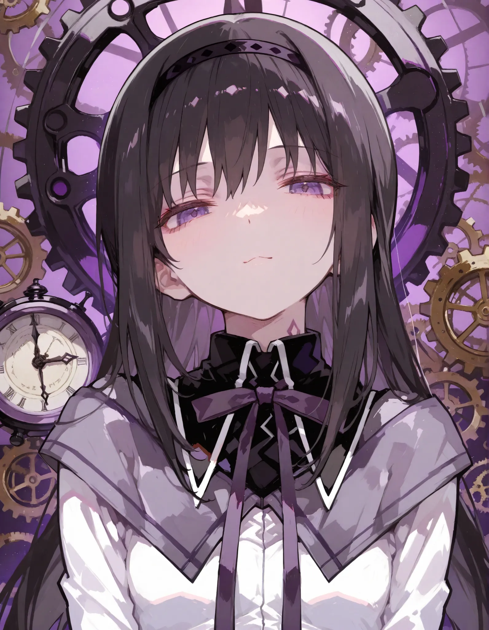 masterpiece, Akemi Homura, cool expression, purple light around her, lots of gears and clocks background