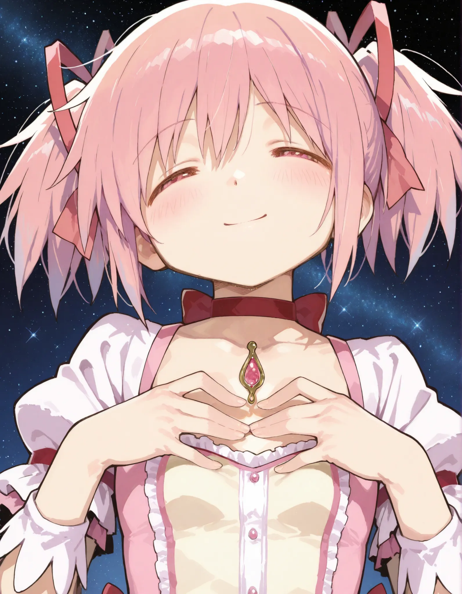masterpiece, Kaname Madoka, pink hair, smile, aHands on chest in prayer pose, starry sky background