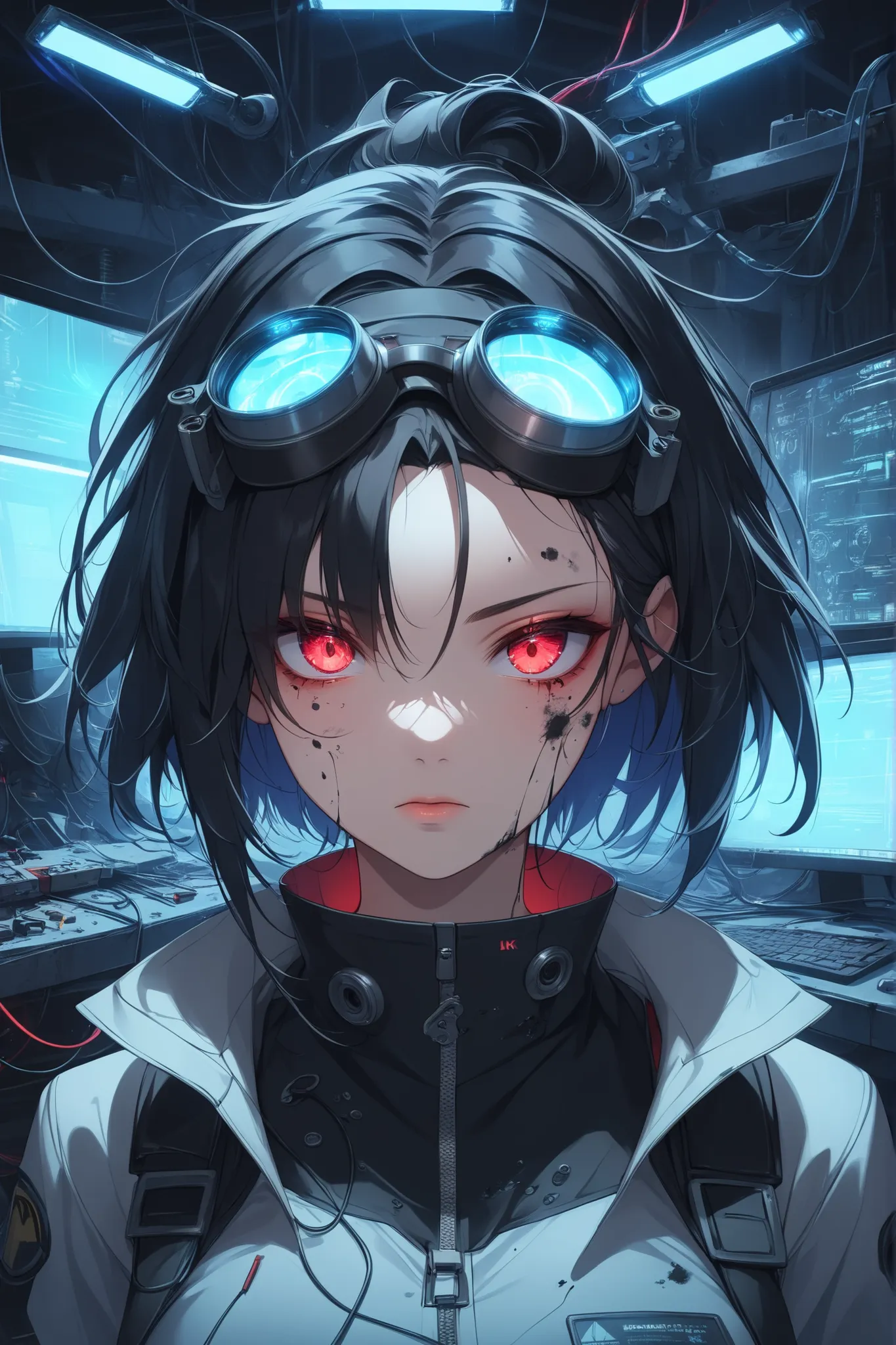 ((masterpiece)), ((RAW 4K)), ((anime-real fusion)), ((extreme detail)), ((extreme cloth detail)), ((extreme eye detail)), ((beautiful face)), close-up, young female cyberpunk engineer, wearing round engineer goggles, short messy black hair, red eyes, face ...