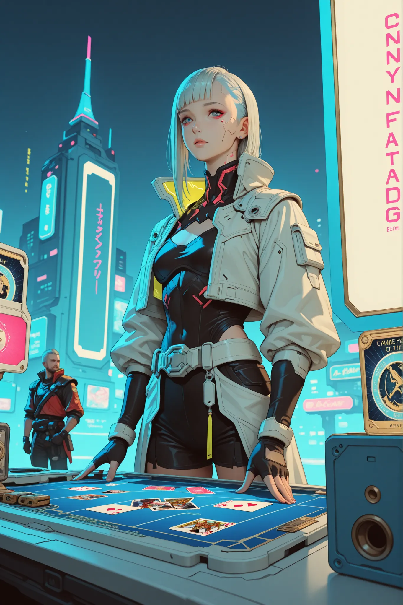 A beautiful white card game card (((with cyberpunk fantasy edges))), with a beautiful warrior printed in the Final Fantasy aesthetic and style.
