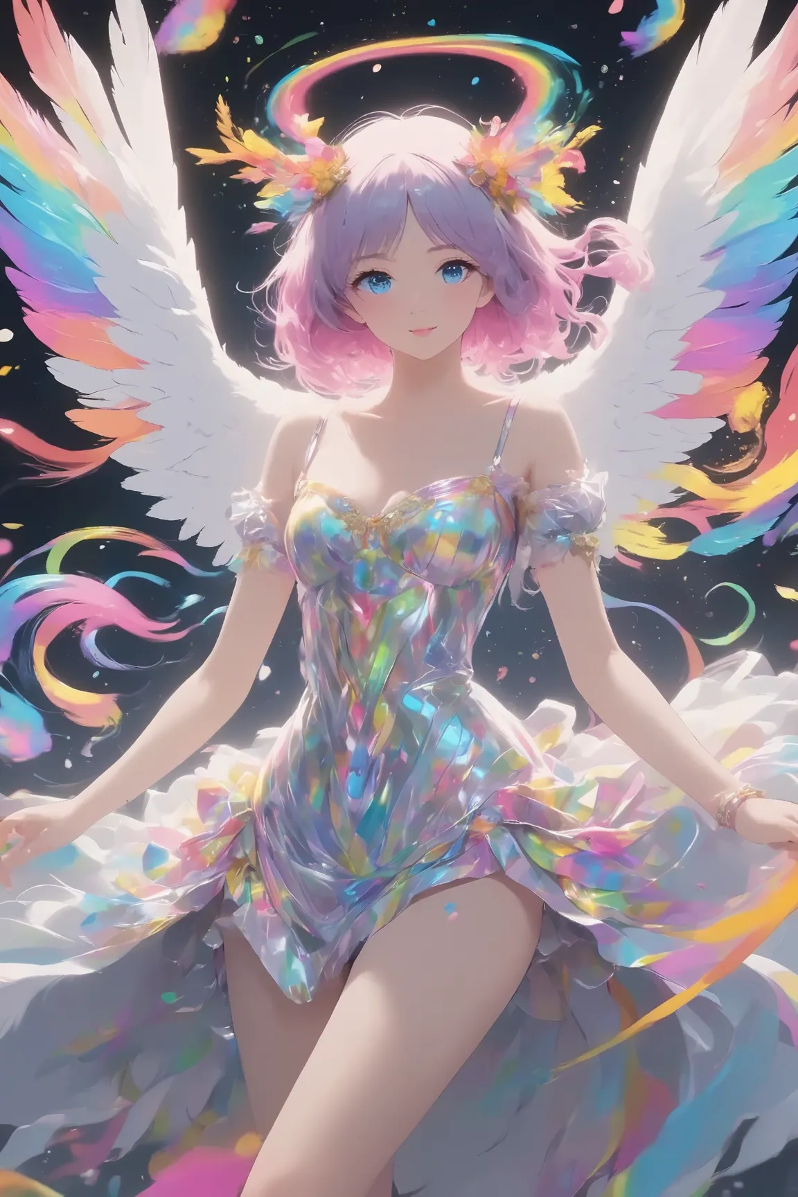 anime、(Surrealism, retina, masterpiece, accurate, anatomically correct, super detail, best quality, 8k, extremely precise in every detail, beautiful detailed glow, beautiful attention to detail, beautiful detailed eyes:1.3), Lover woman in bikini standing in front of a wall with a rainbow painted on it, Spread your wings, Rainbow Wings , girl with angel wings, Beautiful Wings, An angel with full body majesty, beautiful angel girl, With real feathers, Lisa Frank style, spread wings , Alex Yanez and Lisa Frank , Angel wings on your back

