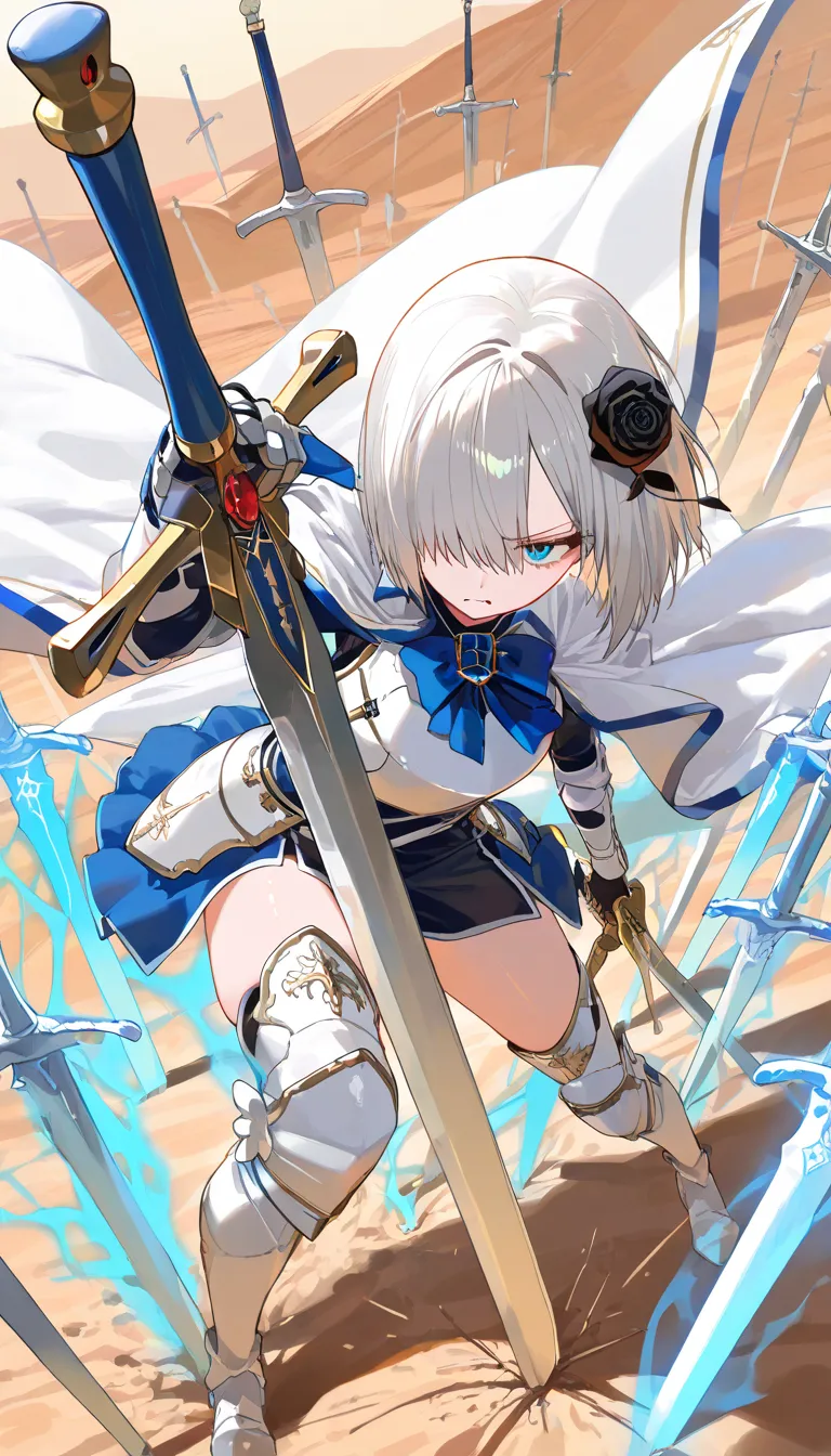 (beautiful girl : 1.3),1 girl,(White Armor,white cloak with blue embroidery,Black Rose Hair Ornament,thigh,boots), Silver Hair,bob cut,Hair Over One Eye,anger, abusive,has a sword, desert,Many swords stuck in the ground,Blue and White Aura from Sword,active,Dynamic Angle,masterpiece,Highest Quality,rich contrasts,high image quality,8k,High Definition CG Unit Wallpaper,texture,Incredibly Absurd, RAW photos ,Deep Boundaries 1 .2,Very Detailed