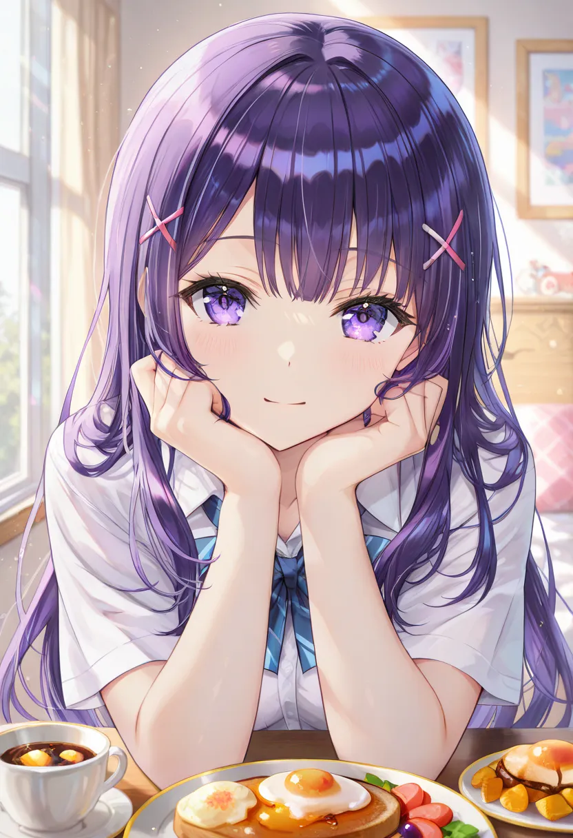 masterpiece、high quality,
Home,breakfast、
front,front face,high school students,,Mizuase Ayaka,purple hair,Beautiful Hair、Delicate Hair、 and my eyes are crisp、
,
,
