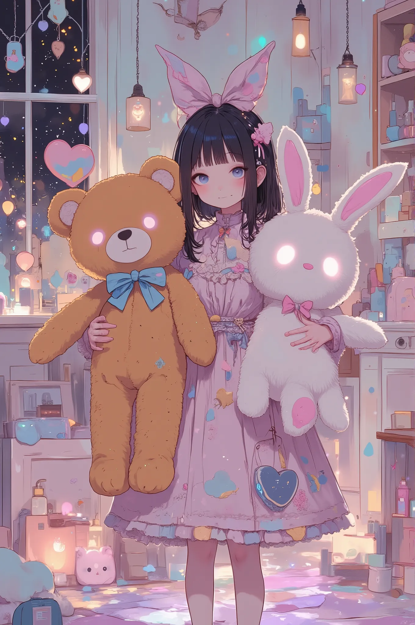 anime-style illustration of a small girl standing in a pastel-colored, dreamy bedroom, holding two large plush toys — one a stitched bear, the other a floppy bunny — both with glowing eyes that seem to follow the viewer
the girl wears a frilly pastel dres...
