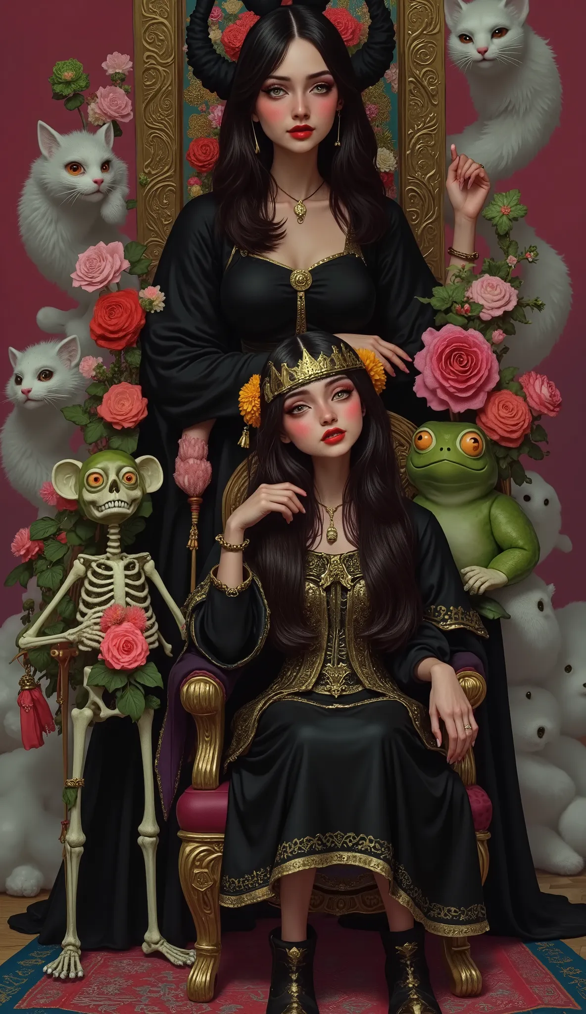 Three people, an old living king skeleton with a gold crown, a young frog monster and a black african warlord man