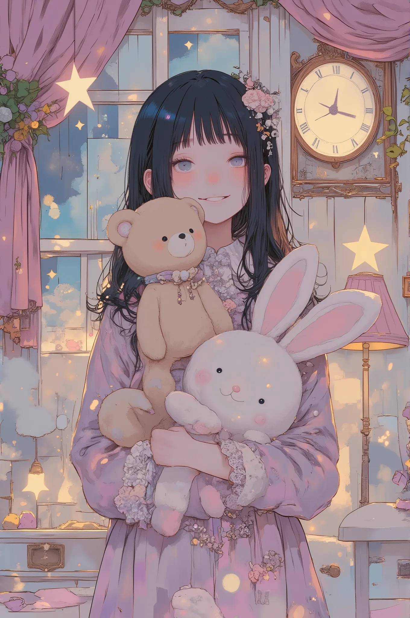 anime-style illustration of a young girl standing in a pastel-toned, dreamy bedroom, holding two large stuffed animals — a smiling bear and a stitched bunny — tightly in each arm
she wears a frilly pastel dress with lace and ribbons, but her expression is...