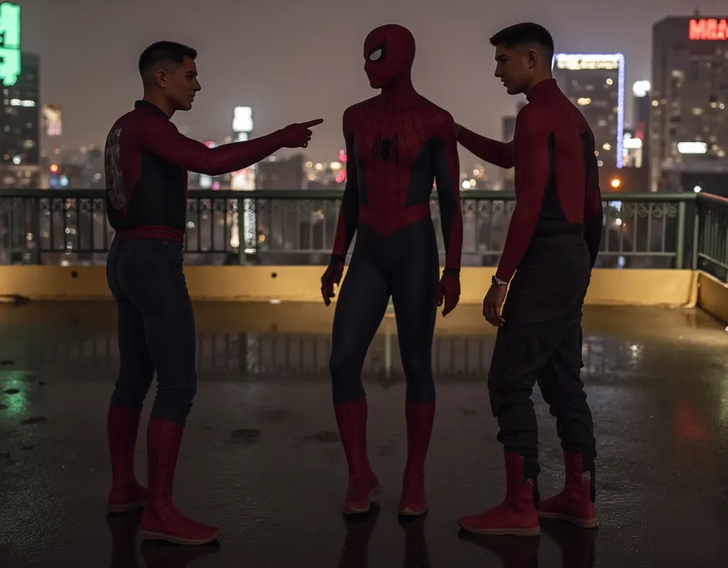 3 spiderman pointing each other, rooftop, night, high quality, intricate details, cinematic lighting, dramatic shadows, moody atmosphere, urban setting, neon signs, rainy weather, reflective surfaces, hyperrealistic, 8k, photo-realistic, masterpiece, vivid colors, professional