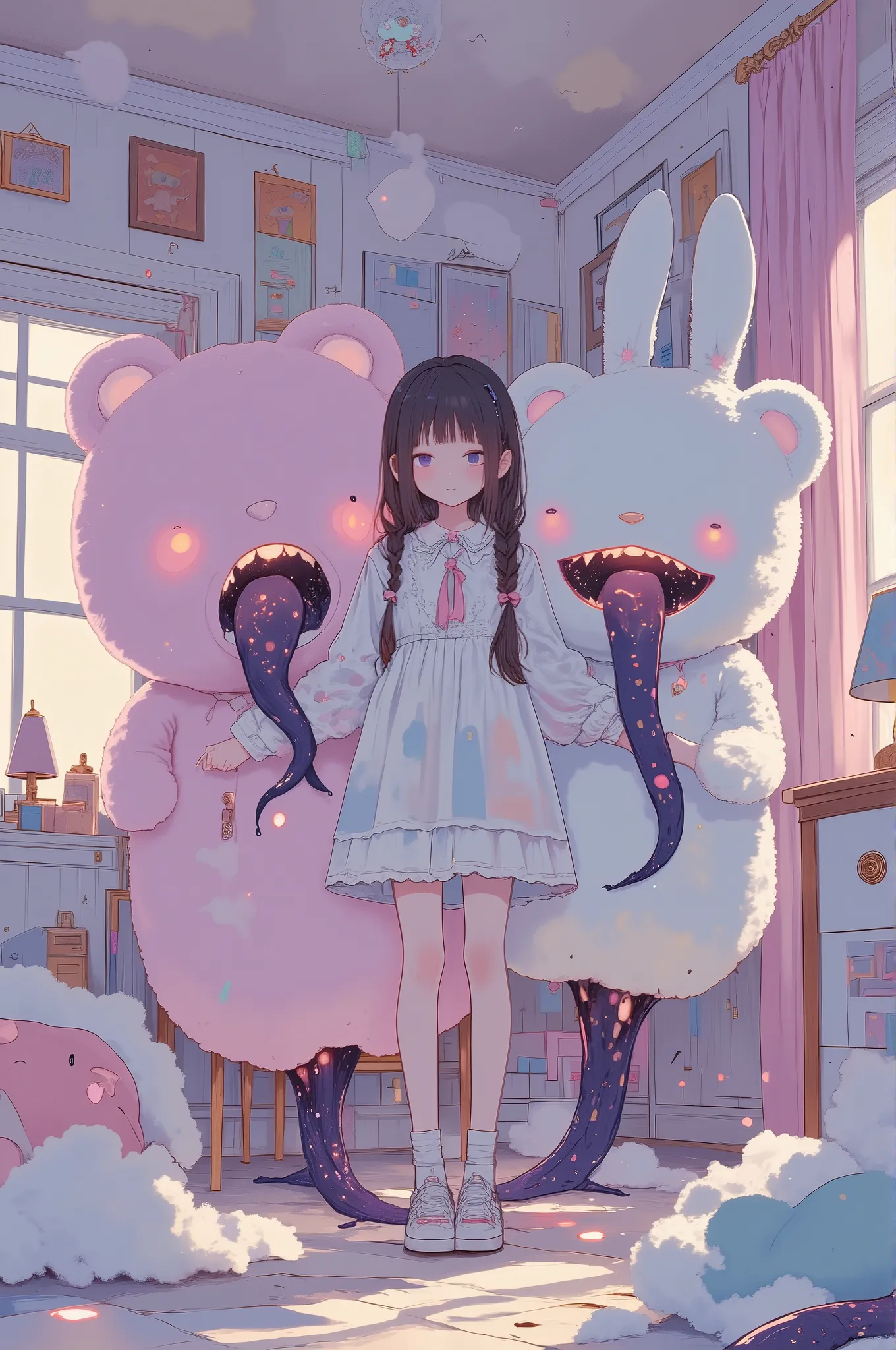 anime-style illustration of a small girl standing in a pastel-colored fantasy bedroom, gently holding two oversized stuffed animals — a cute pink bear and a white bunny
both plush toys have glowing button eyes and innocent stitched smiles, but their mouth...