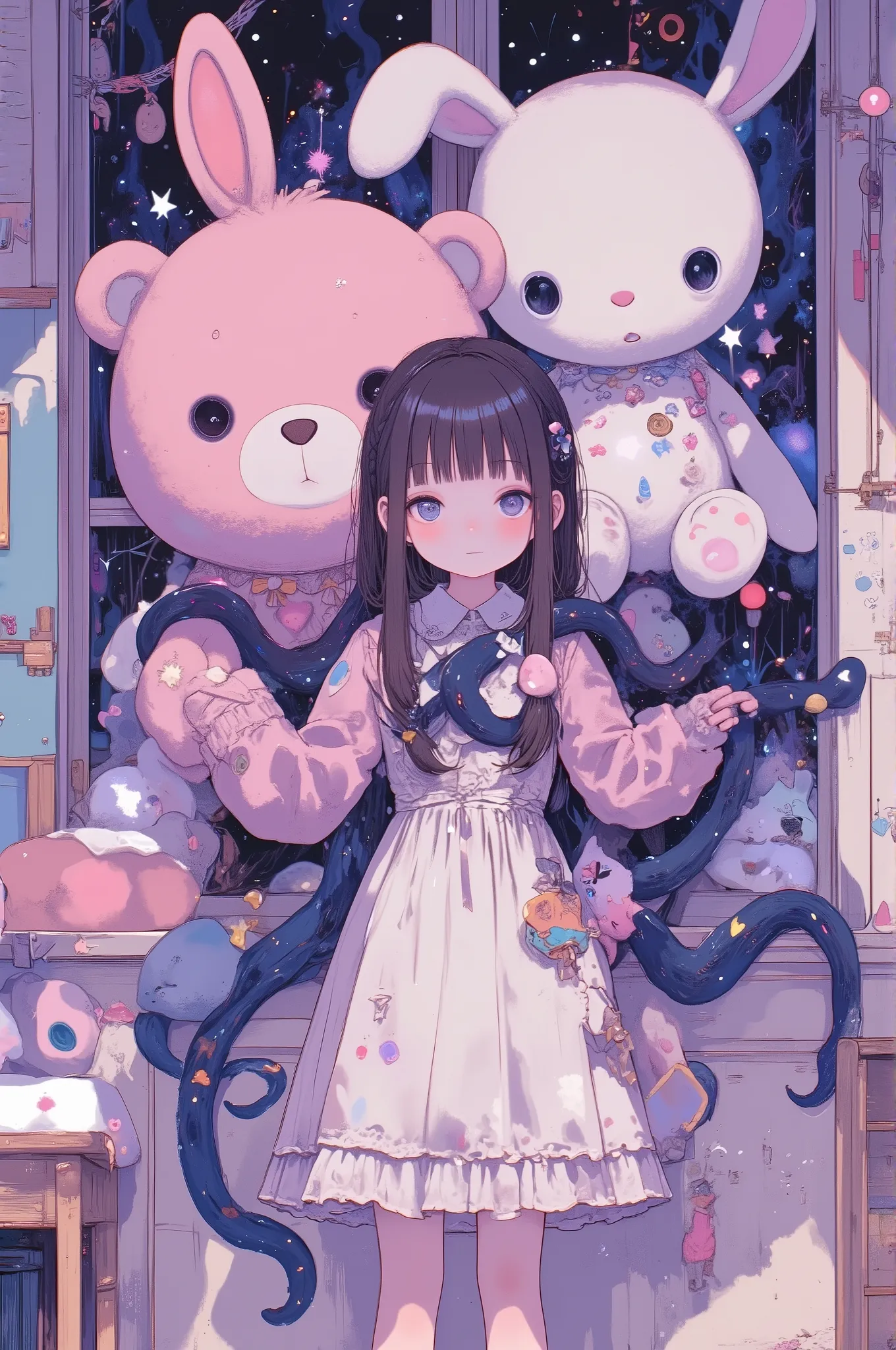 anime-style illustration of a small girl standing in a pastel-themed, dreamy bedroom, gently holding two oversized plush toys — a pink bear and a white bunny — both with glowing eyes and soft stitched textures
but from beneath the seams of each plush toy,...