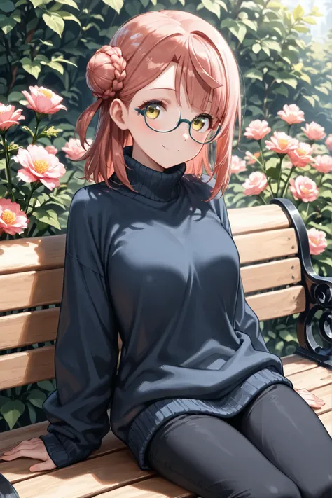 ((Masterpiece)),((best quality)),((incredibly absurdres)),((8K)),(semi realistic),
1 girl,young,Ayumu Uehara,yellow eyes,pink hair,medium hair,braided bun,hair bun,medium breasts,
(black eyewear),(square glasses),(navy blue Plain turtleneck sweater),black ...