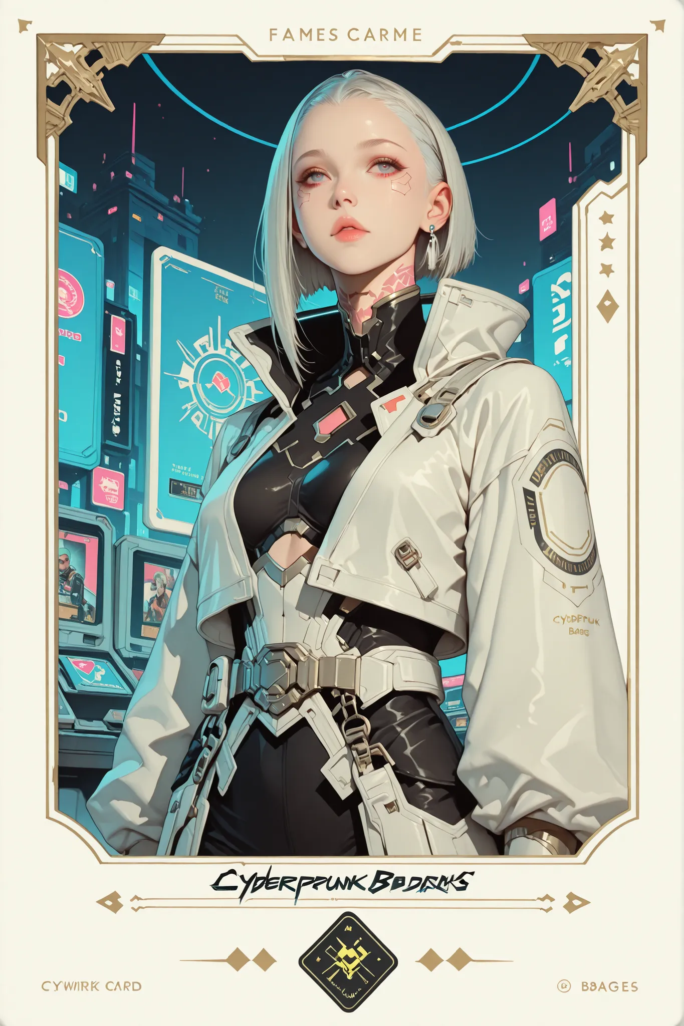 A beautiful white card game card (((with cyberpunk fantasy edges))), with a beautiful warrior printed in the Final Fantasy aesthetic and style.