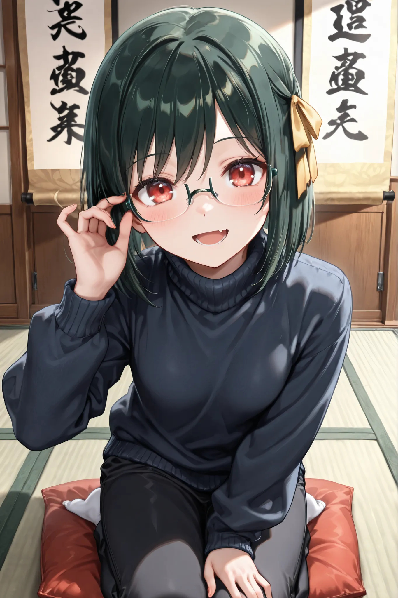 ((Masterpiece)),((best quality)),((incredibly absurdres)),((8K)),(semi realistic),
1 girl,young,shioriko mifune,short bob cut,bangs,hair ribbon,yellow ribbon,dark green hair,red eyes,small fang,small breasts,
(black eyewear),(square glasses),(navy blue Pla...