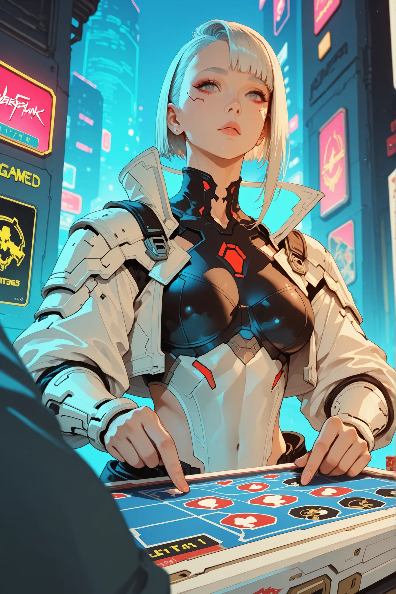 A beautiful white card game card (((with cyberpunk fantasy edges))), with a beautiful warrior printed in the Final Fantasy aesthetic and style.