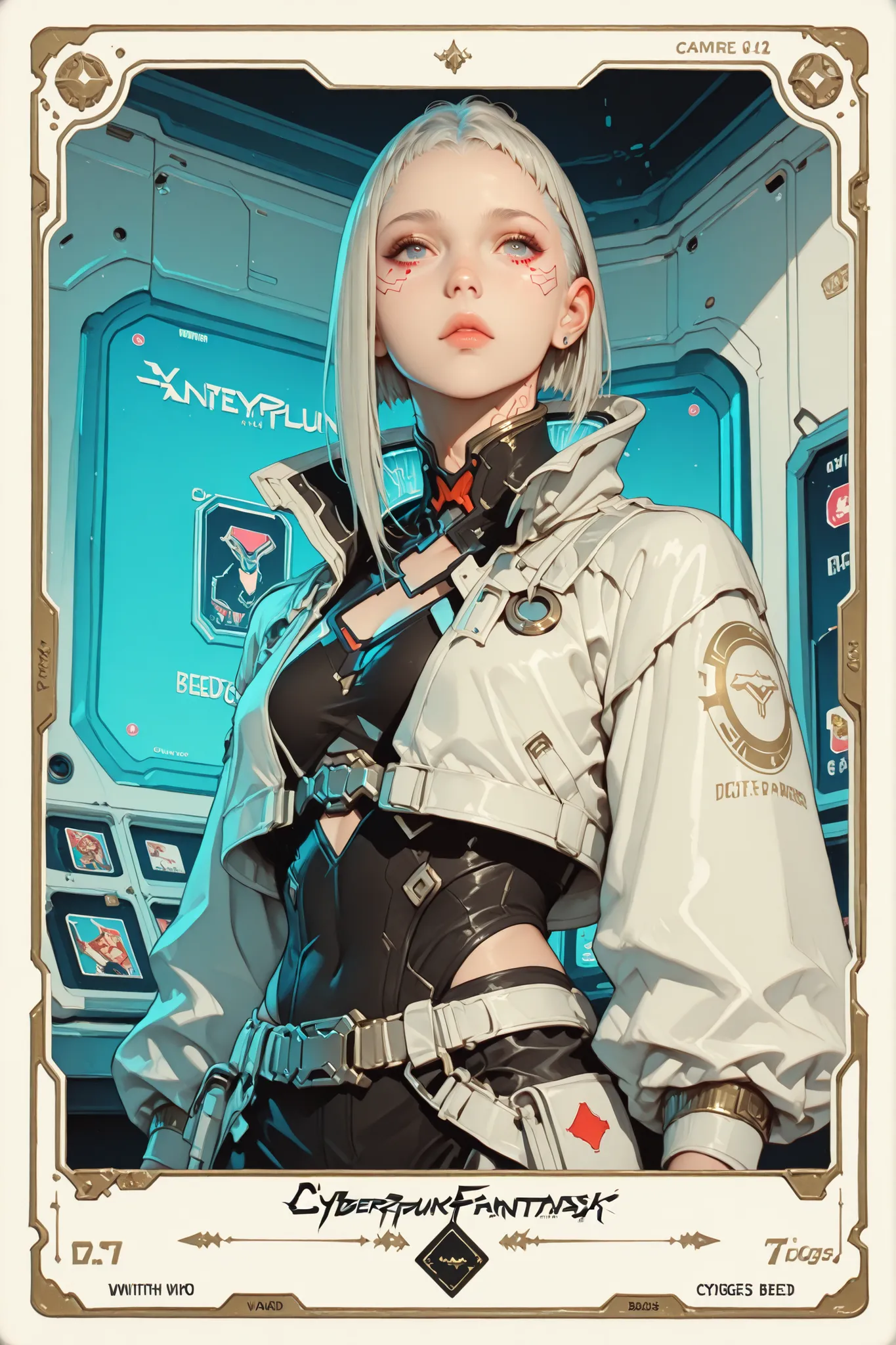 A beautiful white card game card (((with cyberpunk fantasy edges))), with a beautiful warrior printed in the Final Fantasy aesthetic and style.