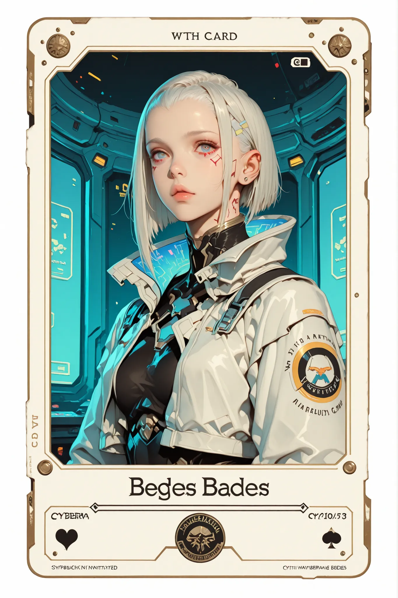 A beautiful white card game card (((with cyberpunk fantasy edges))), with a beautiful warrior printed in the Final Fantasy aesthetic and style.