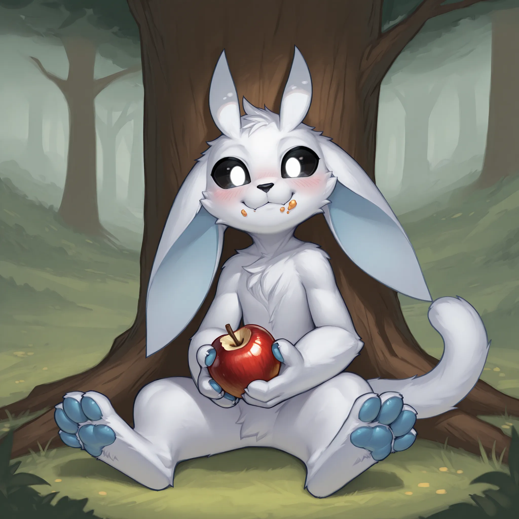 masterpiece, best quality, highres, very aesthetic, absurdres, newest, 1boy, solo, male, furry, ori_il, ori, tail, black sclera, white eyes, paws, feral, chibi, food, apple, solo, blush, male focus, furry, eating, sitting, looking at viewer, holding, furry...