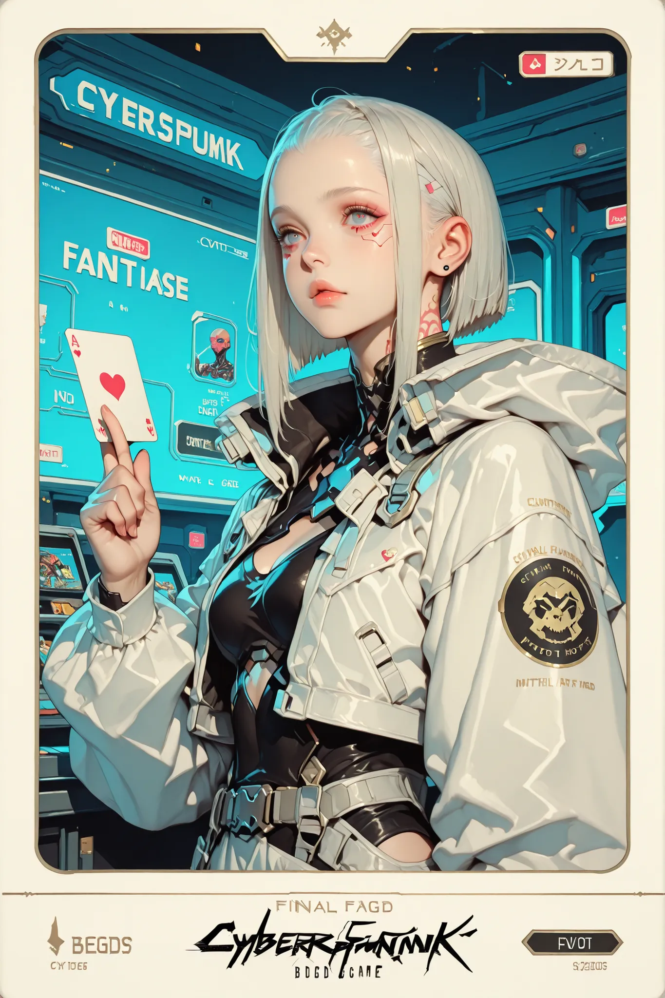 A beautiful white card game card (((with cyberpunk fantasy edges))), with a cute hot girl printed in the Final Fantasy aesthetic and style