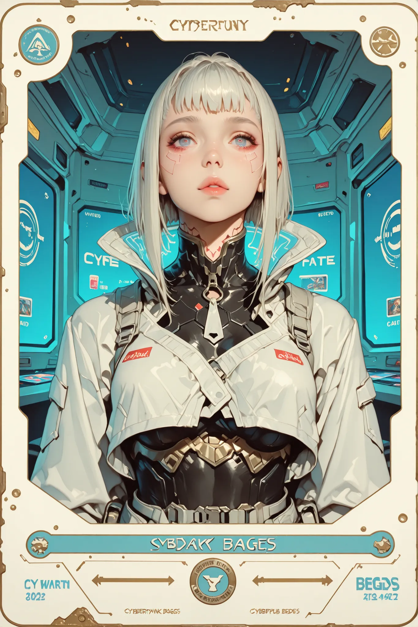 A beautiful white card game card (((with cyberpunk fantasy edges))), with a cute hot girl printed in the Final Fantasy aesthetic and style