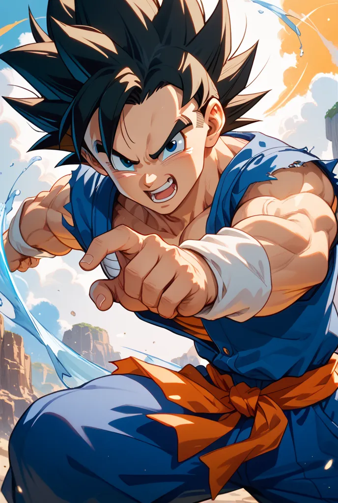 Vegeta、Son Goku、Generate an image of Son Gohan fighting with three
