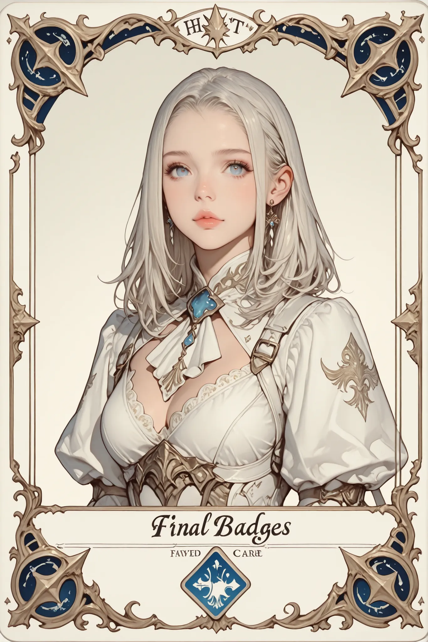 A beautiful white card game card (((with fantasy edges))), with a hyperrealist cute hot girl printed in the Final Fantasy aesthetic and style