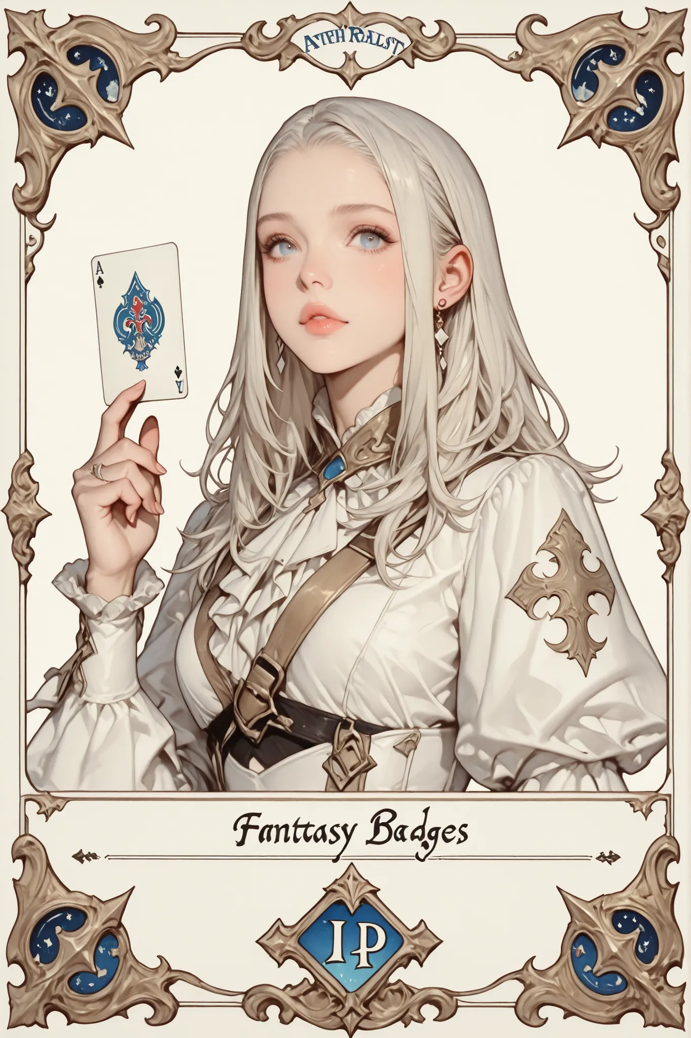 A beautiful white card game card (((with fantasy edges))), with a hyperrealist cute hot girl printed in the Final Fantasy aesthetic and style