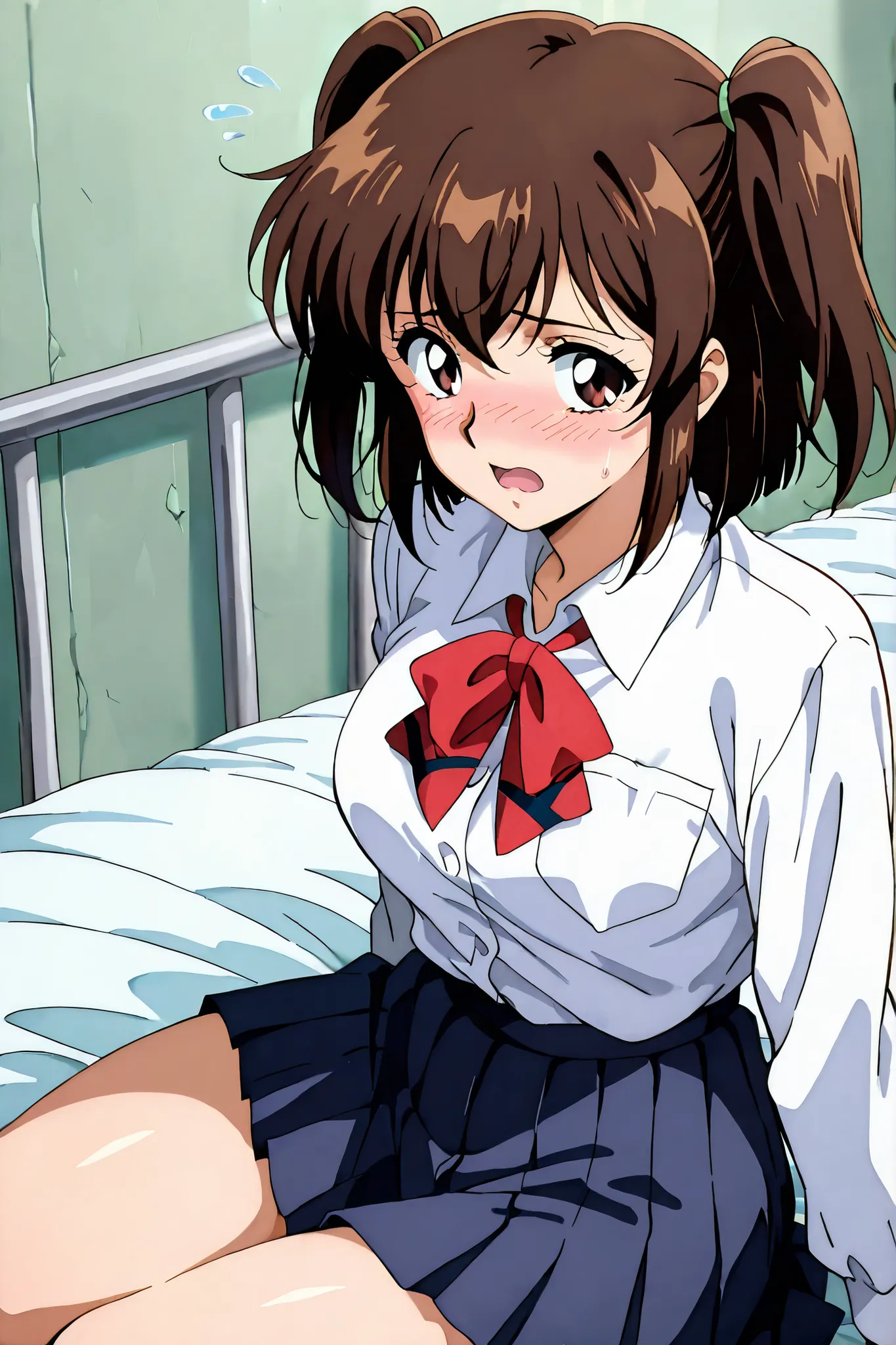 1girl,solo,adult,18 years old,kayo,dark brown eyes,dark brown hair,two side hair,shoulder-length short hair,white collared shirt,short red necktieribbon,navy blue short pleated skirt,masterpiece,best quality,amazing quality,score_9, score_8_up, score_7_up,...