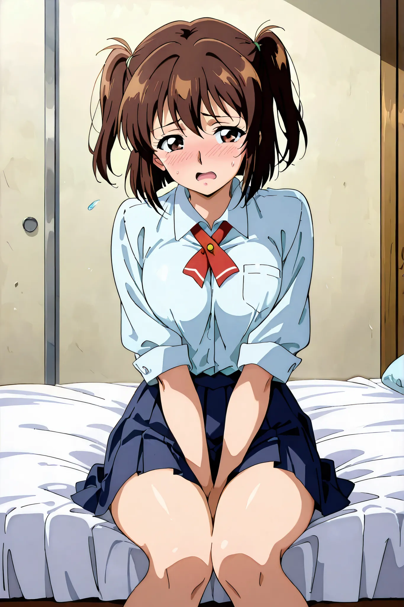 1girl,solo,adult,18 years old,kayo,dark brown eyes,dark brown hair,two side hair,shoulder-length short hair,white collared shirt,short red necktieribbon,navy blue short pleated skirt,masterpiece,best quality,amazing quality,score_9, score_8_up, score_7_up,...