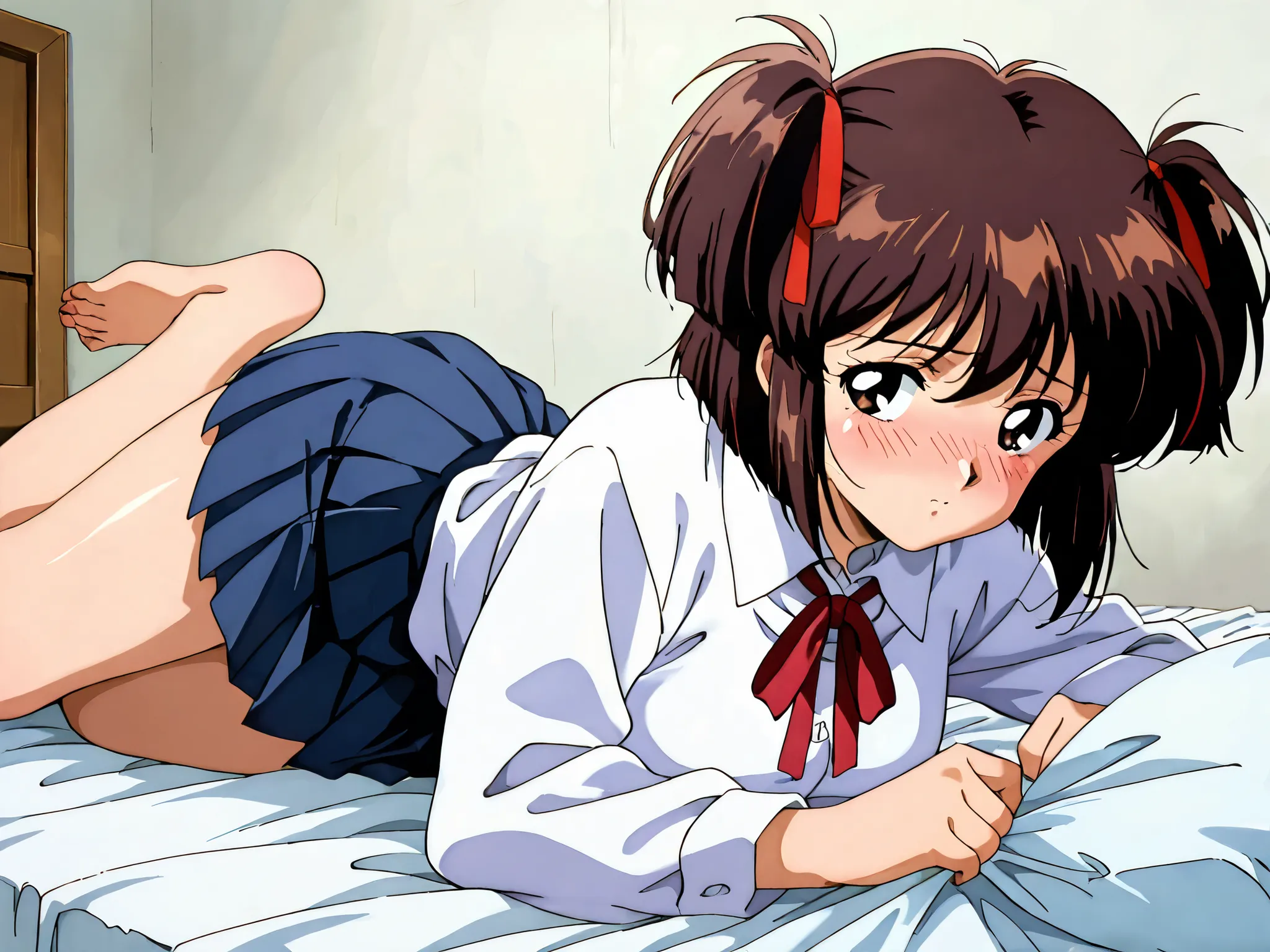 1girl,solo,adult,18 years old,kayo,dark brown eyes,dark brown hair,two side hair,hair tied thin red ribbons,shoulder-length short hair,white collared shirt,short red necktieribbon,navy blue short pleated skirt,masterpiece,best quality,amazing quality,score...