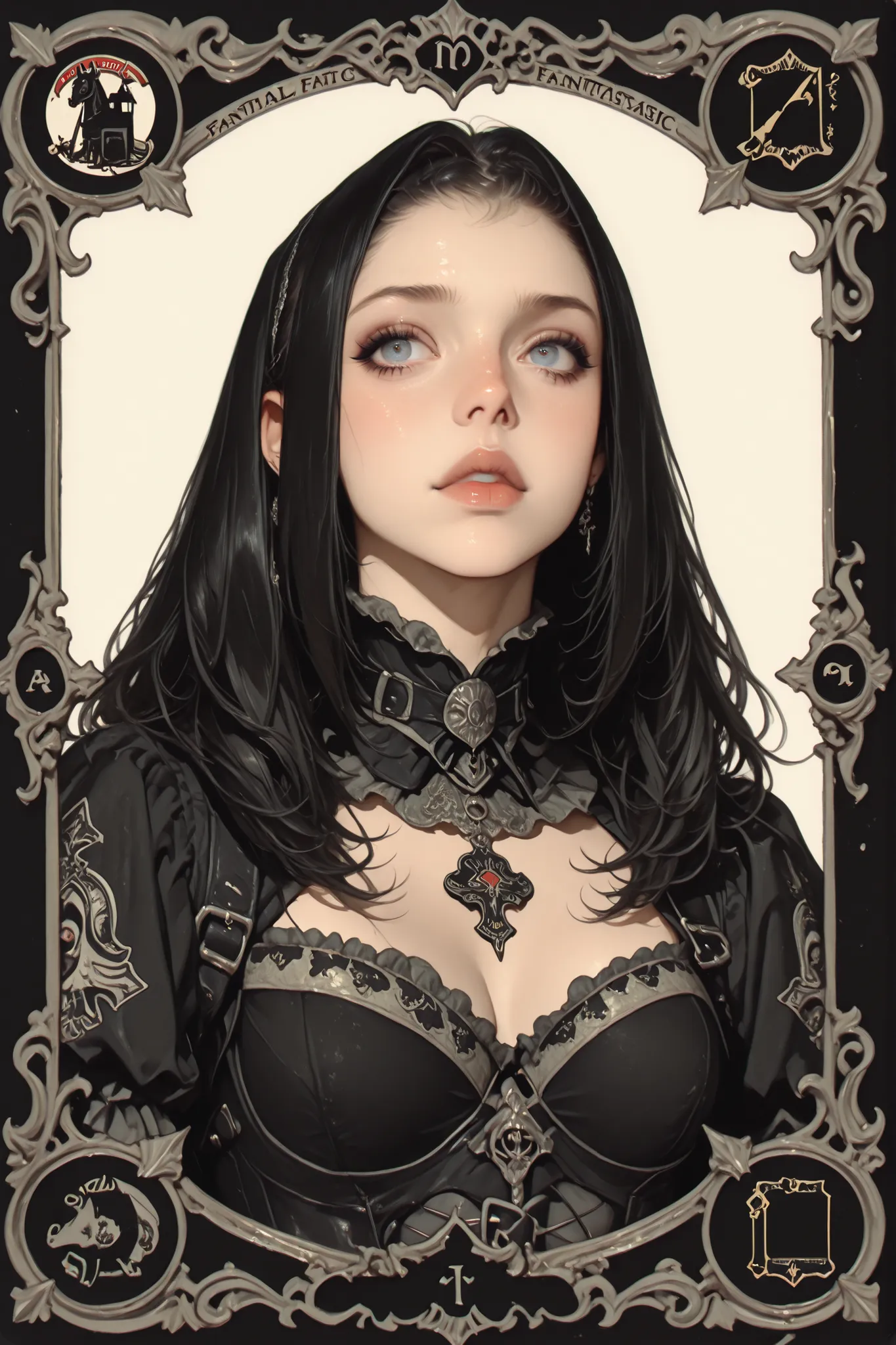 A beautiful black card game card (((with medieval fantastic gothic edges))), with a hyperrealist cute hot girl printed in the Final Fantasy aesthetic and style