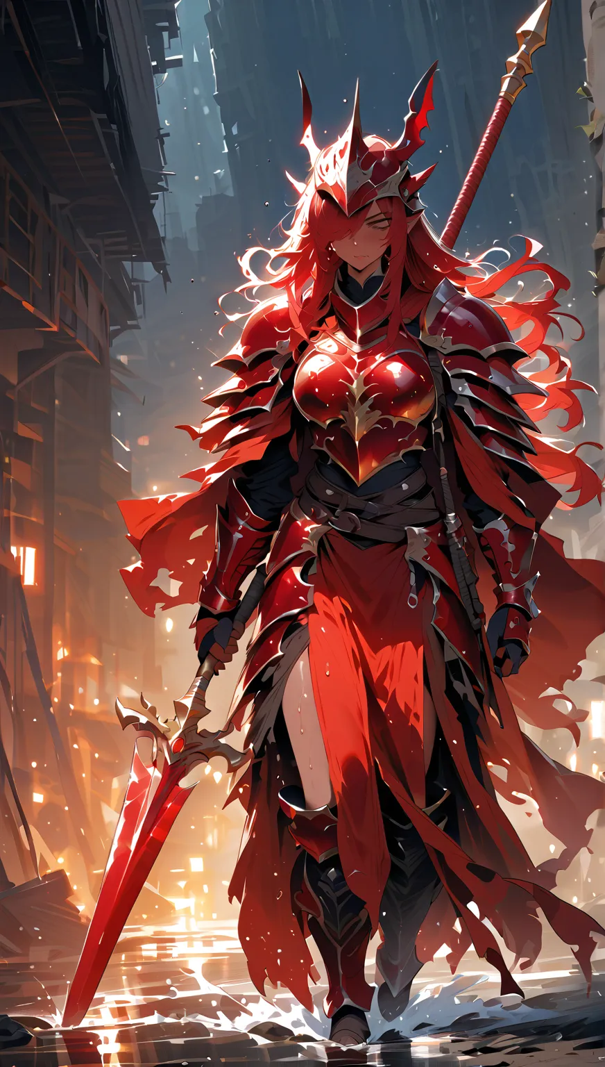 (masterpiece, best quality:1.2),solo,dark skin,sweating skin, (1 female warrior,red long hair)(hair over one eye, wet hair),wearing Red metal Armor，Red Dragon Helmet,her right hand carry a golden spear，Full body