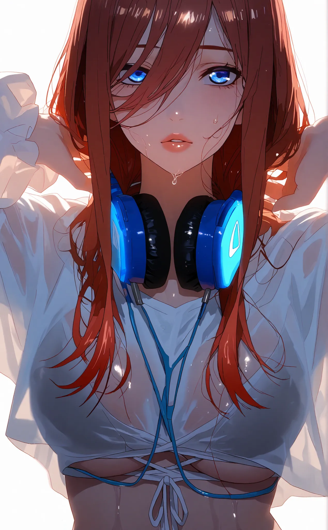 Solo, miku nakano , wArt style inspired by midjuriiny v6 model, midjuriiny v6 model like art style, , glossy lips, extremely close up shot of lips, all Focus on lips, , , best quality, studio lighting, dark studio lights, dark and bright contrast cinematic...