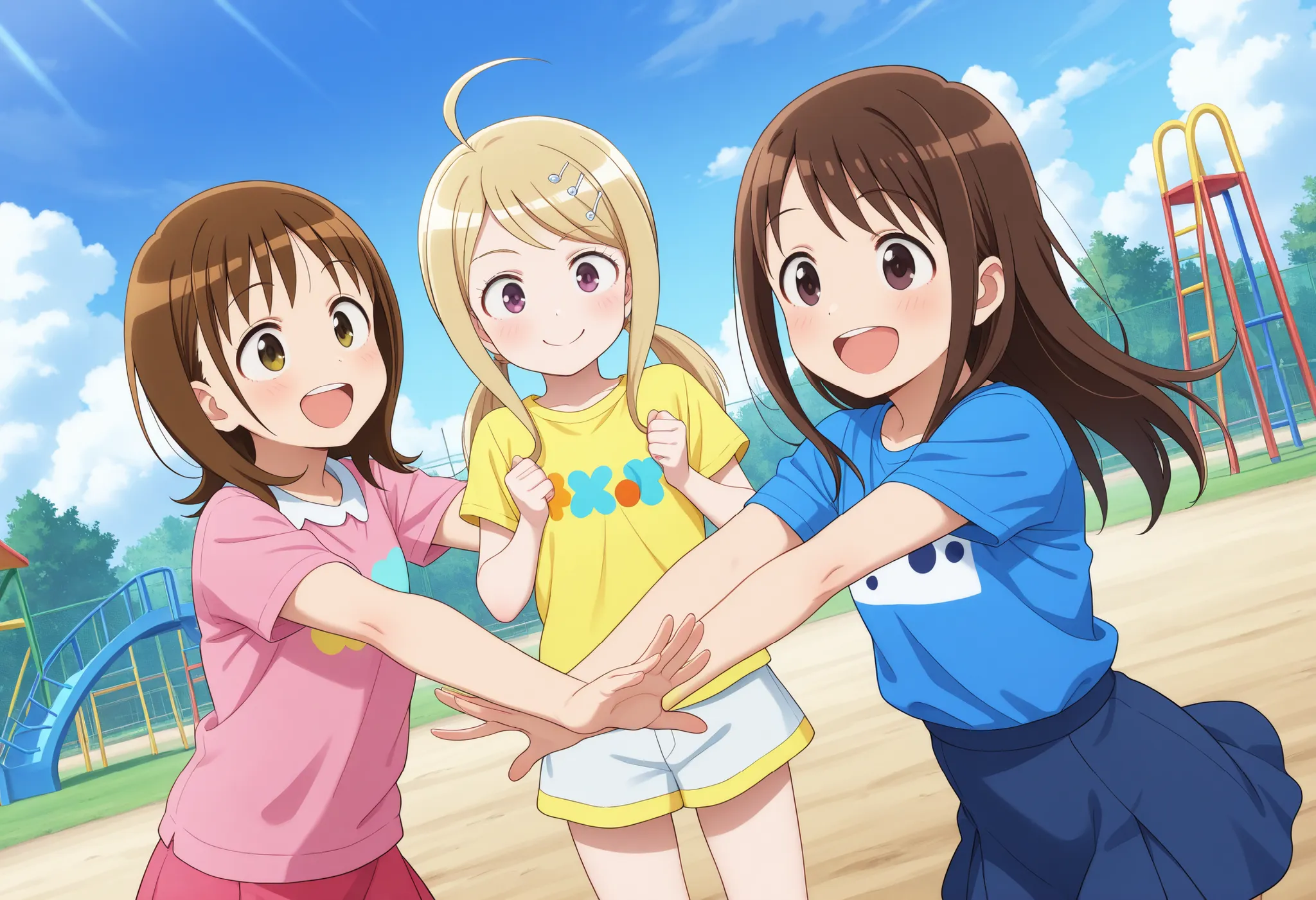 3girls, akamatsu yui, kise saki, aoyama kotoha (mitsuboshi colors), mitsuboshi colors, stylish and cute clothes, cute shirt, cute skirt, standing, smile, next to each other, dynamic pose, dynamic angle, outdoors, playground, sky, general, masterpiece, best...