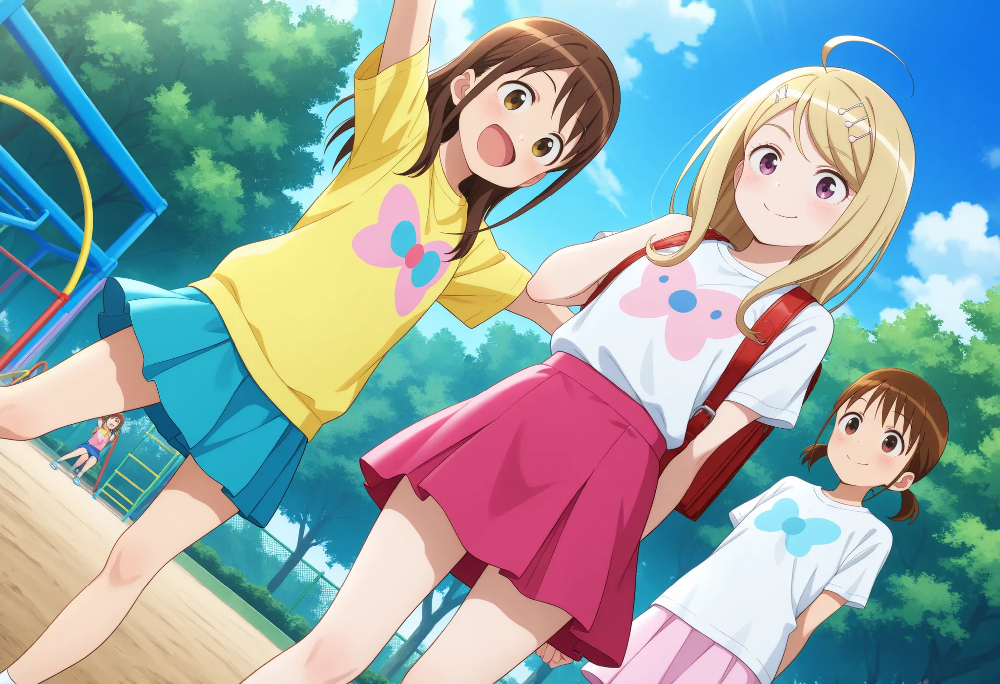 3girls, akamatsu yui, kise saki, aoyama kotoha (mitsuboshi colors), mitsuboshi colors, stylish and cute clothes, cute shirt, cute skirt, standing, smile, next to each other, dynamic pose, dynamic angle, outdoors, playground, sky, general, masterpiece, best...