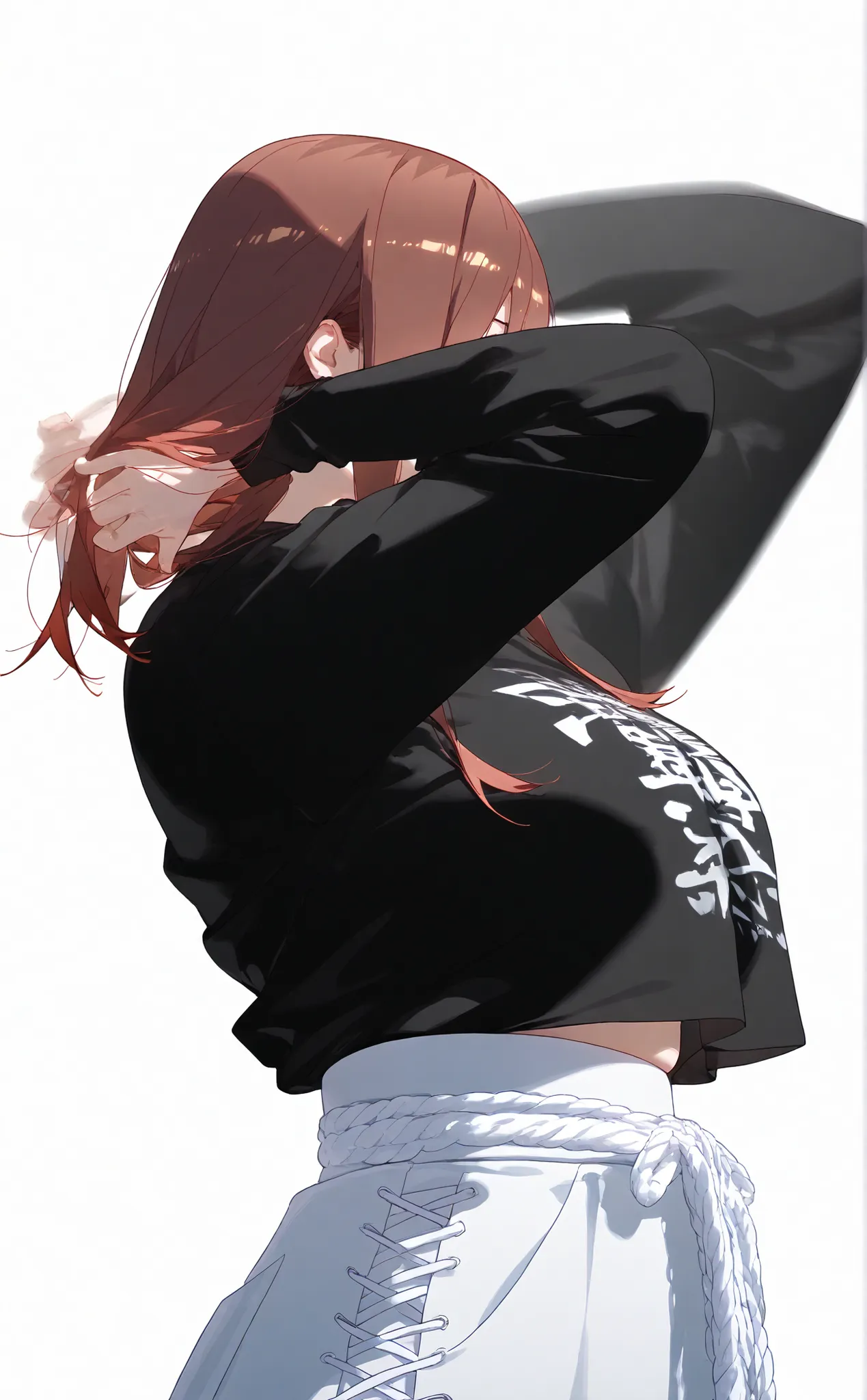 Solo, miku nakano , waist shot of miku nakano, . focus on Laced pantie, wears black silky long sleeved tshirt, ,full waist view, fixing panty pose , midium clóse up shot of waist ,,all Focus on shots high-waisted panty, side view , curvy round shaped waist...