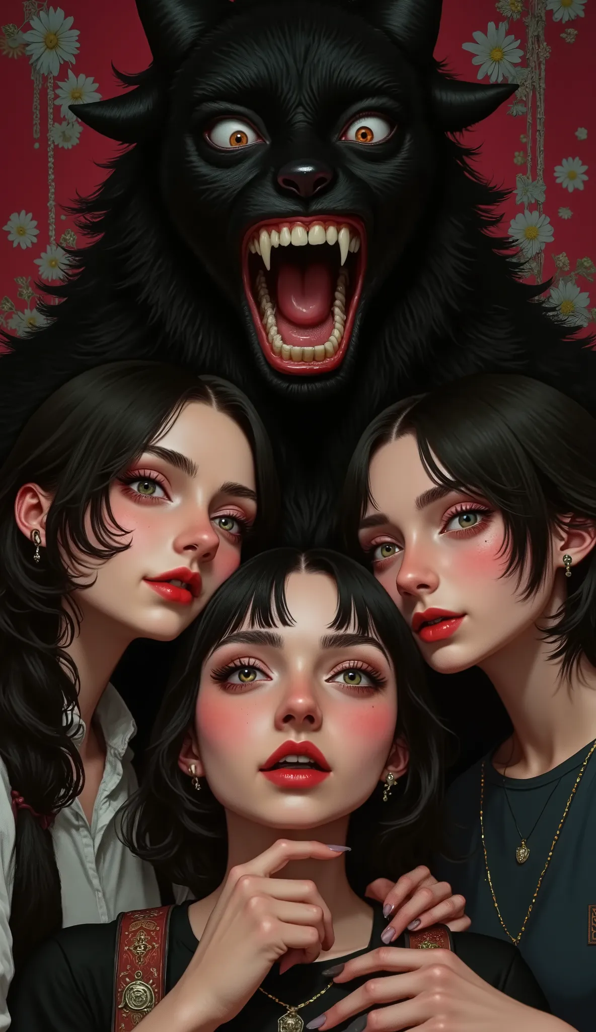 , three diferent characters, three people SCREAMING, Captivating Villain, faceshot