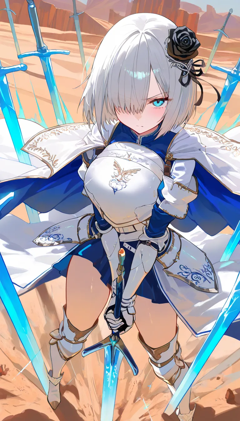 (beautiful girl : 1.3),1 girl,(White Armor,white cloak with blue embroidery,Black Rose Hair Ornament,thigh,boots), Silver Hair,bob cut,Hair Over One Eye,anger, abusive,has a sword, desert,Many swords stuck in the ground,Blue and White Aura from Sword,active,Dynamic Angle,masterpiece,Highest Quality,rich contrasts,high image quality,8k,High Definition CG Unit Wallpaper,texture,Incredibly Absurd, RAW photos ,Deep Boundaries 1 .2,Very Detailed