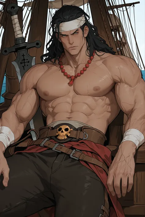 A muscular male character in serious anime style, with features inspired by Guilty Gear Strive. He is on top of a pirate ship, com o mar ao fundo. The character has spiky black hair, red beaded necklace,  He's shirtless, wearing pants tucked at the shin an...