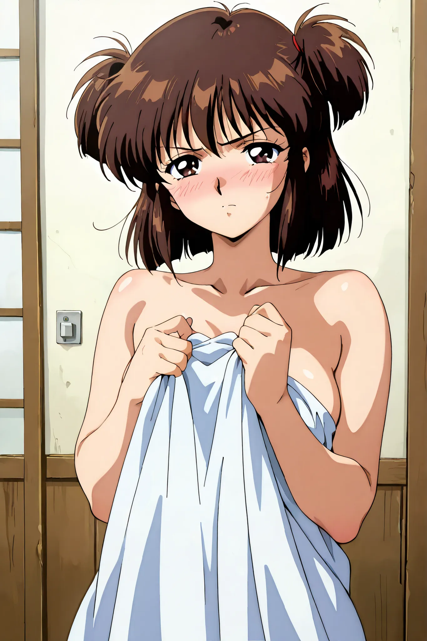 1girl,solo,adult,18 years old,kayo,dark brown eyes,dark brown hair,two side hair,shoulder-length short hair,masterpiece,best quality,amazing quality,score_9, score_8_up, score_7_up, source_anime,retro art style,adult,18 years old,standing,bed room,sheets l...