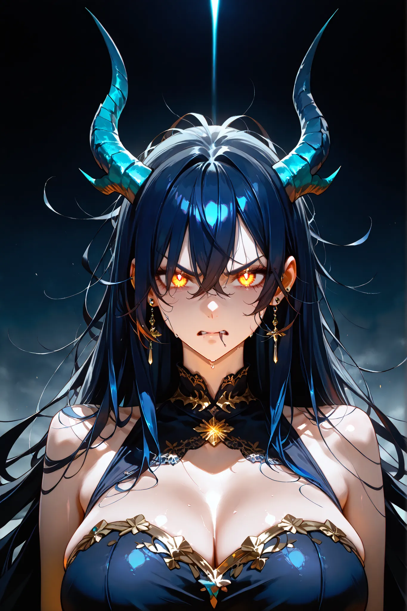 (SuperQuality:1.0) ~ (SuperQuality:1.2), detailxl, 1girl, High Resolution, Best Quality, High Details, Super Detailed, Long Hair, Dark Blue Hair, Amber Eyes, Bangs, Messy Hair, Large breasts, Earrings, Dragon Girl, Half-human, Dress, Glowing Pupils, Glarin...