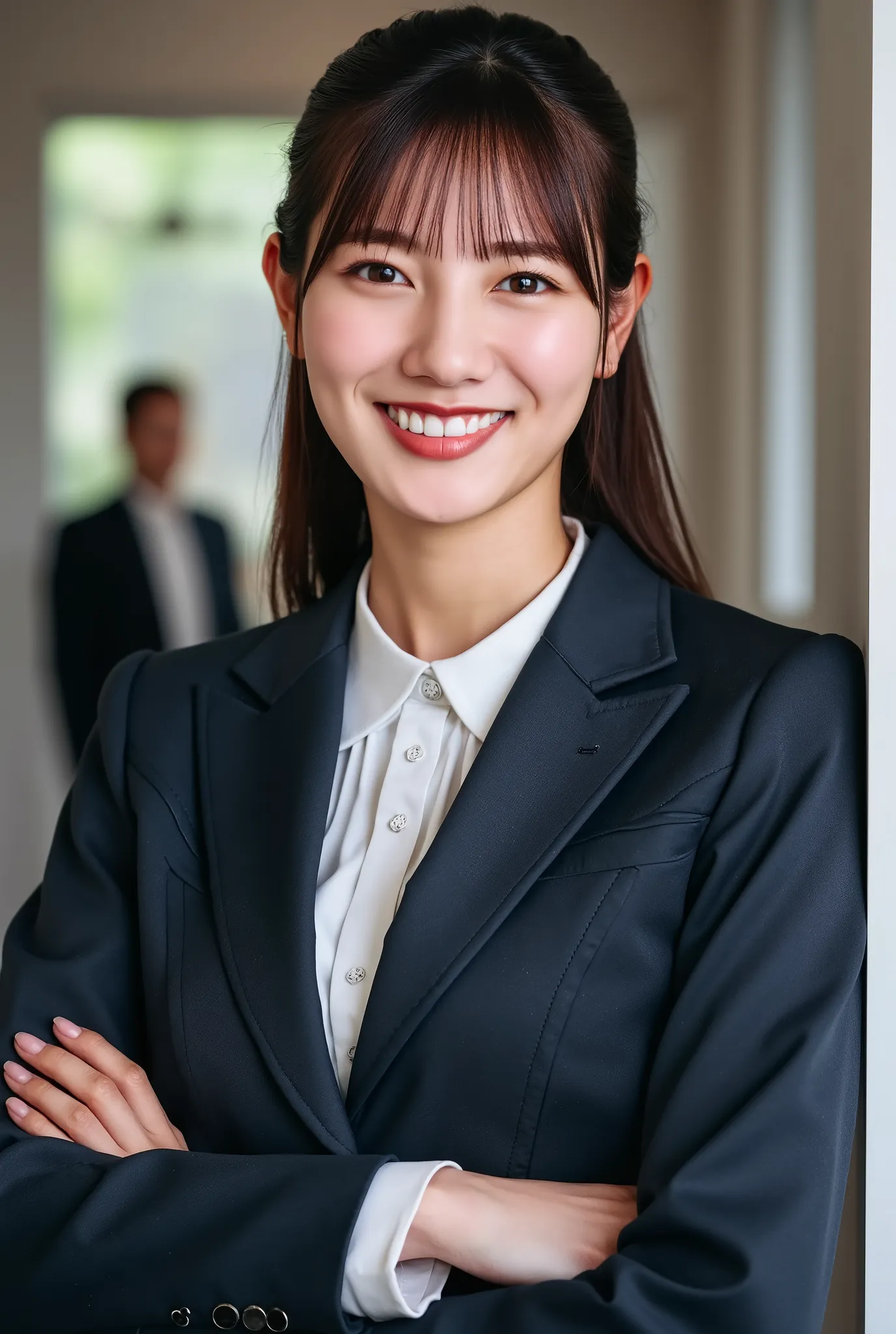 Neat Young Woman、and look at the camera、office lady suit、jacket、shirt、necklace、ear piercing、smile showing teeth、people talking in the background is inside the room