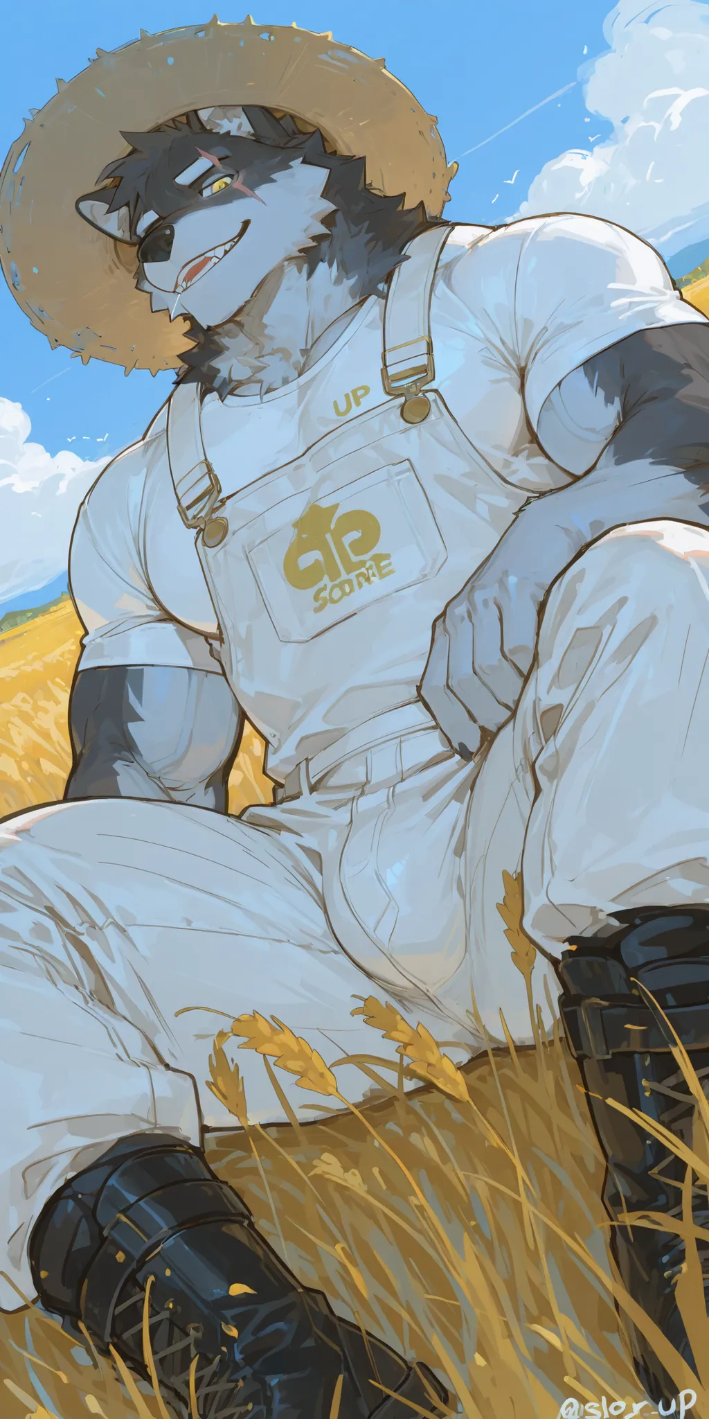 1 Uncle,(((middle-aged_male:1.5))),old_man:0.5,Gray Wolf,furry,behind it are blue sky, white clouds and windmills, front view,Golden Eyes,gray fur,An animal with a straw hat on its head ,white body,White T-shirt,White overalls,Black rain boots ,sitting in ...