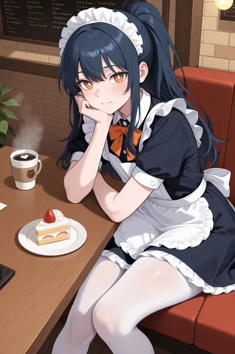 masterpiece, best quality, amazing quality, from above, from side, 1boy, otoko no ko, aged up, looking at viewer, blushing, light smile, sitting, at table, head rest, dark blue hair hair, ponytail, long hair, bangs, orange eyes, white pupils, (freckles), w...