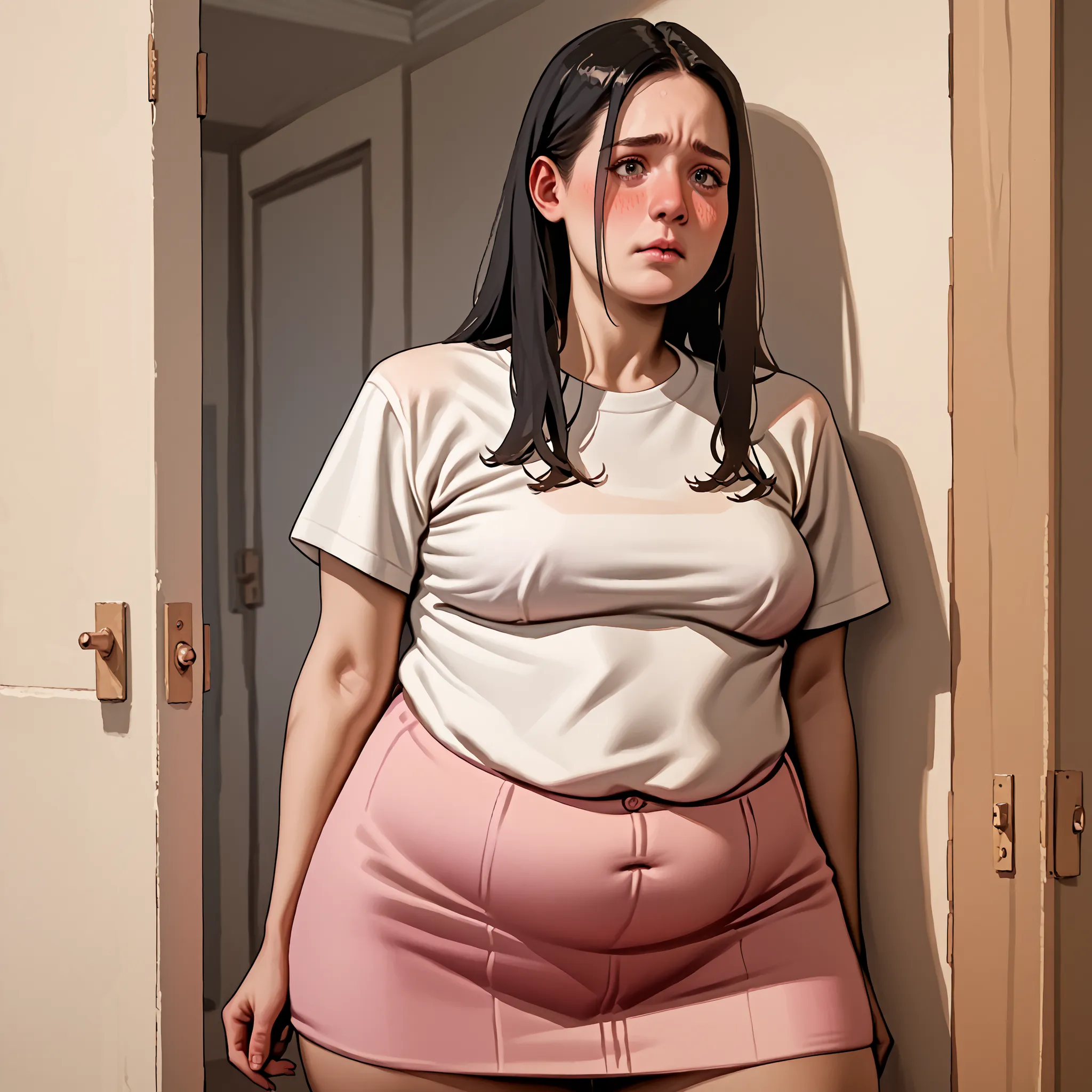 (masterpiece, best quality:1.2), 1 girl, Solitary,Standing_,
, long hair, black hair,white shirt, pink skirt, realistic body, slightly chubby body, blushing, insecure, curvy, self-conscious, shy,