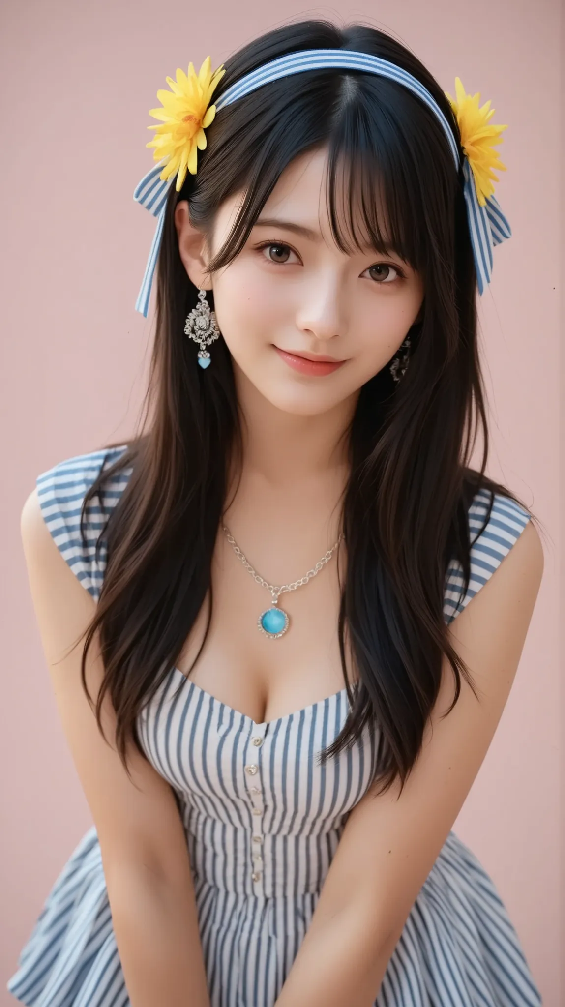 A cheerful Japanese woman with long straight black hair, smiled warmly while touching her chin gently. She wore a stylish dress Toska-colored idol sparkles with silver-frined vertical stripes and a short skirt. Accessories she wore included matching bracel...